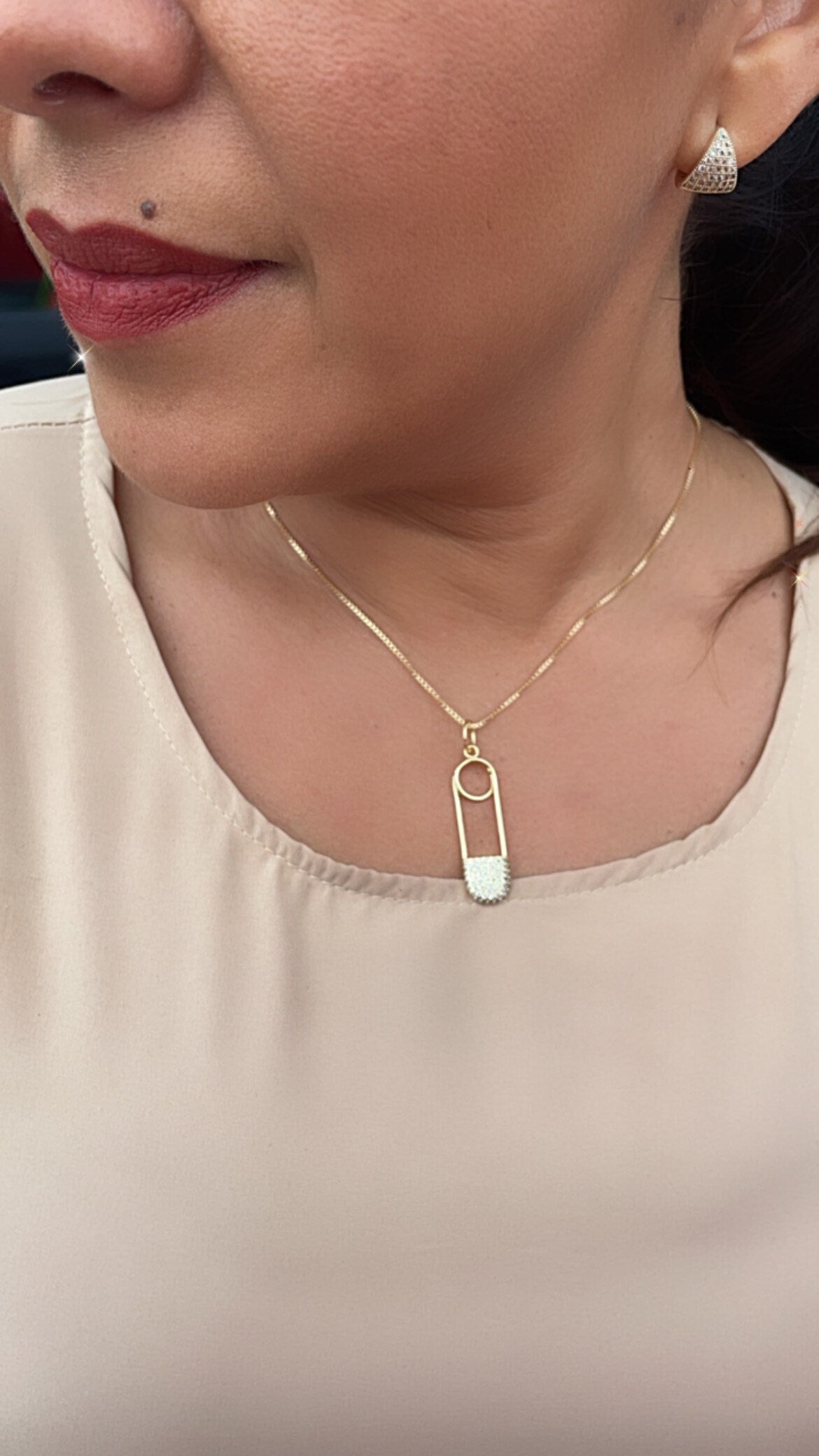 18k Gold Filled Designed Safety Pin Charm Featuring Cubic Zirconia In Micro Pave