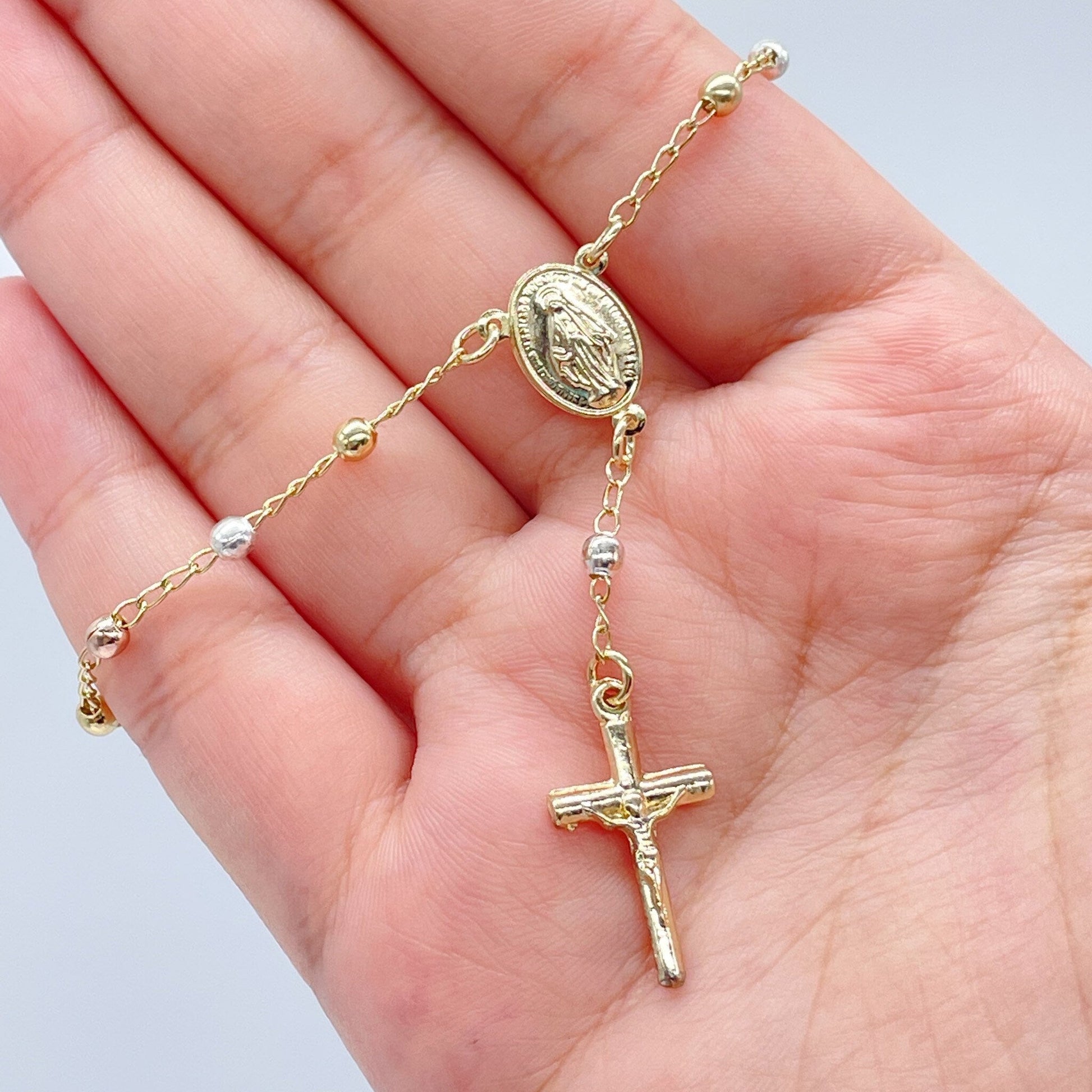 18k Gold Filled Tri Color Rosary Bracelet with Miraculous Coin Medal Lady Of