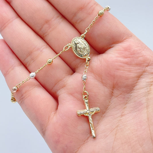 18k Gold Filled Tri Color Rosary Bracelet with Miraculous Coin Medal Lady Of