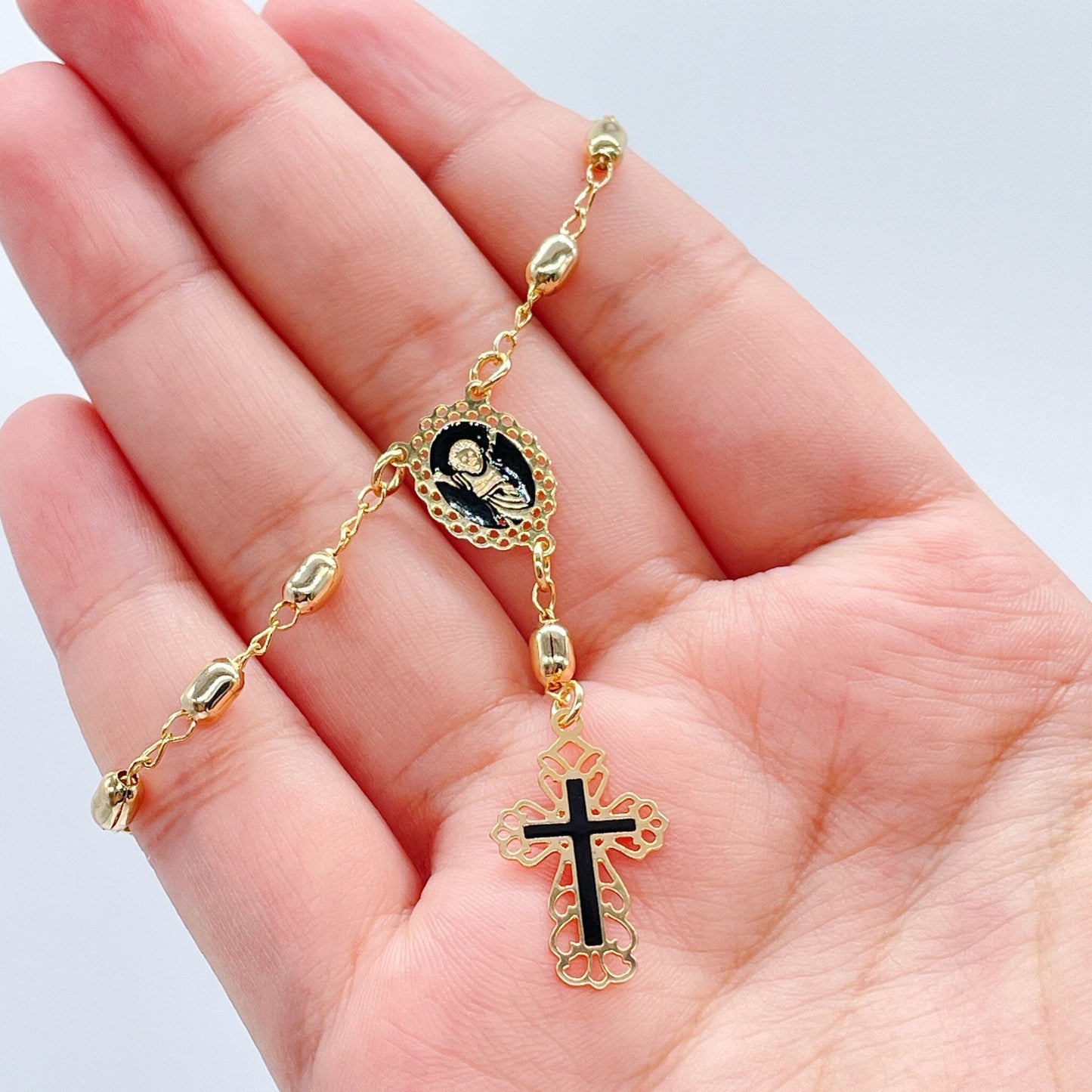 18k Gold Filled Rosary Bracelet with Baby Jesus Coin Medal Pendant And Black Enamel Cross