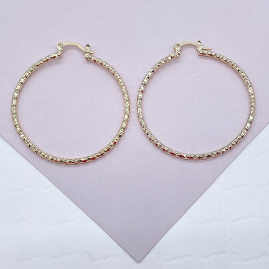 18k Gold Layered Rugged Diamond Cut Textured Hoop Earrings Medium Sized  43 mm