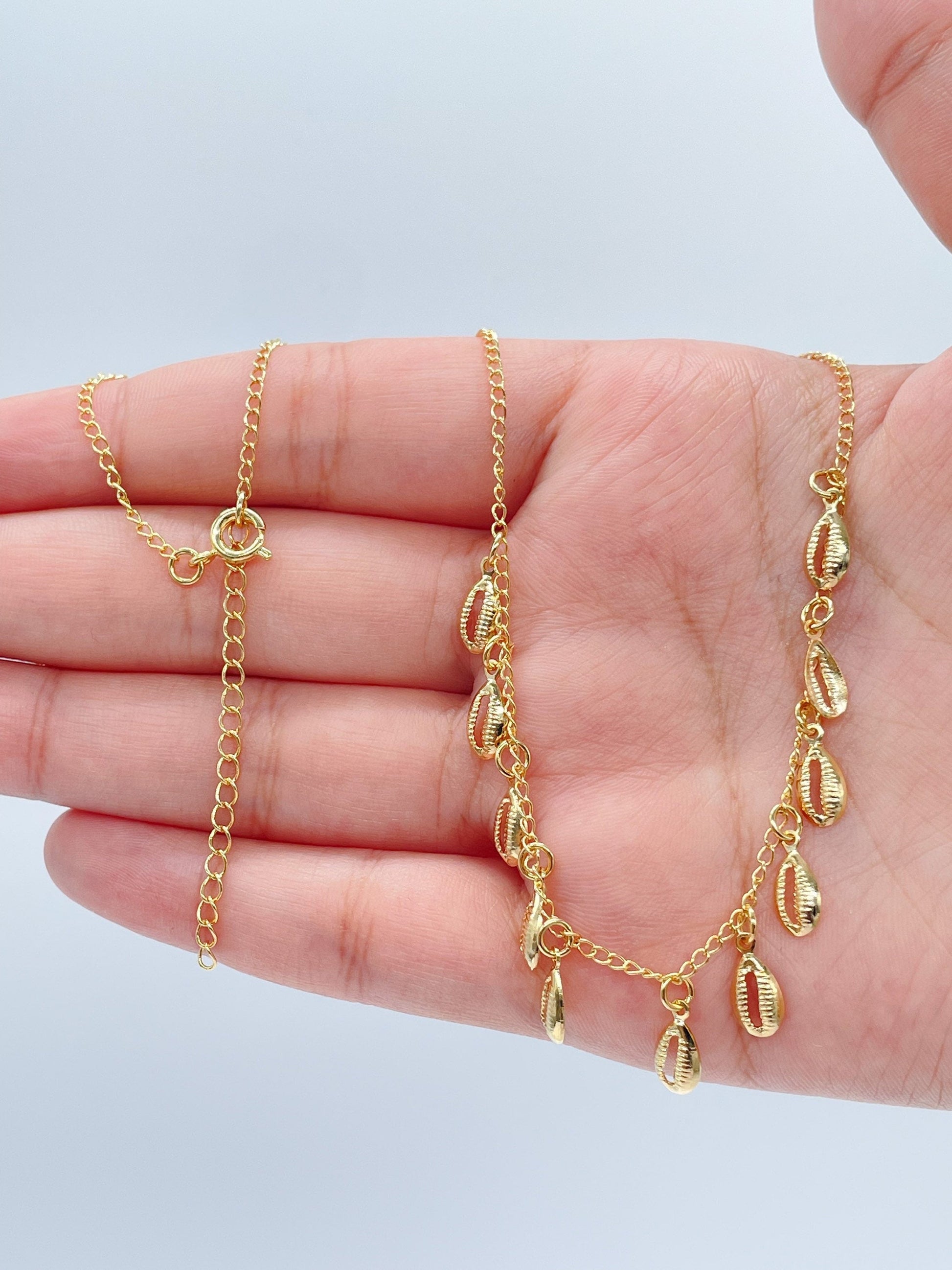 18k Gold Filled Dainty Chain with Eleven Extra Light Cowrie Shell Charms,