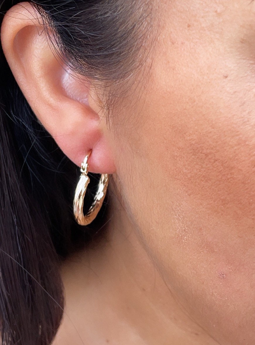 18k Gold Filled Small Diamond Textured Hoops Earrings Available in 25mm For