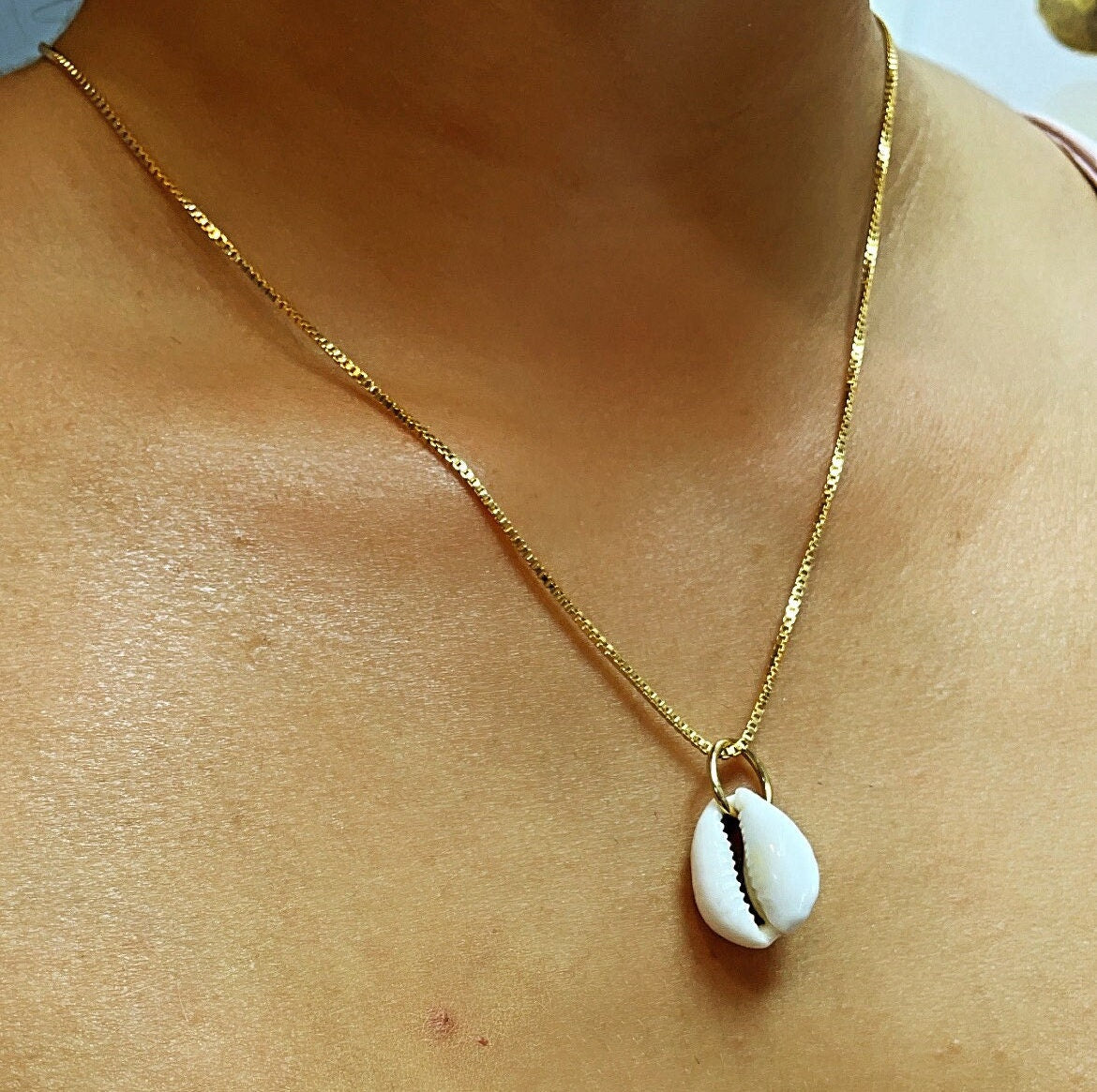 18k Gold Filled Box Chain With White Cowrie Shell Charm Necklace, Protection Pendant, Supplies