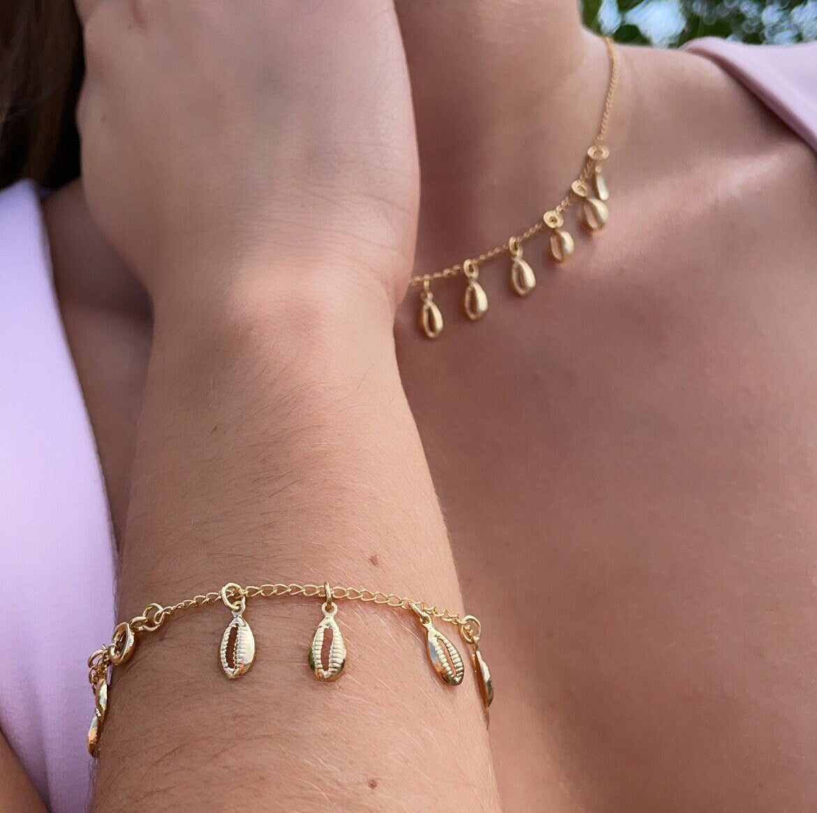 18k Gold Filled Dainty Chain with Eleven Extra Light Cowrie Shell Charms,