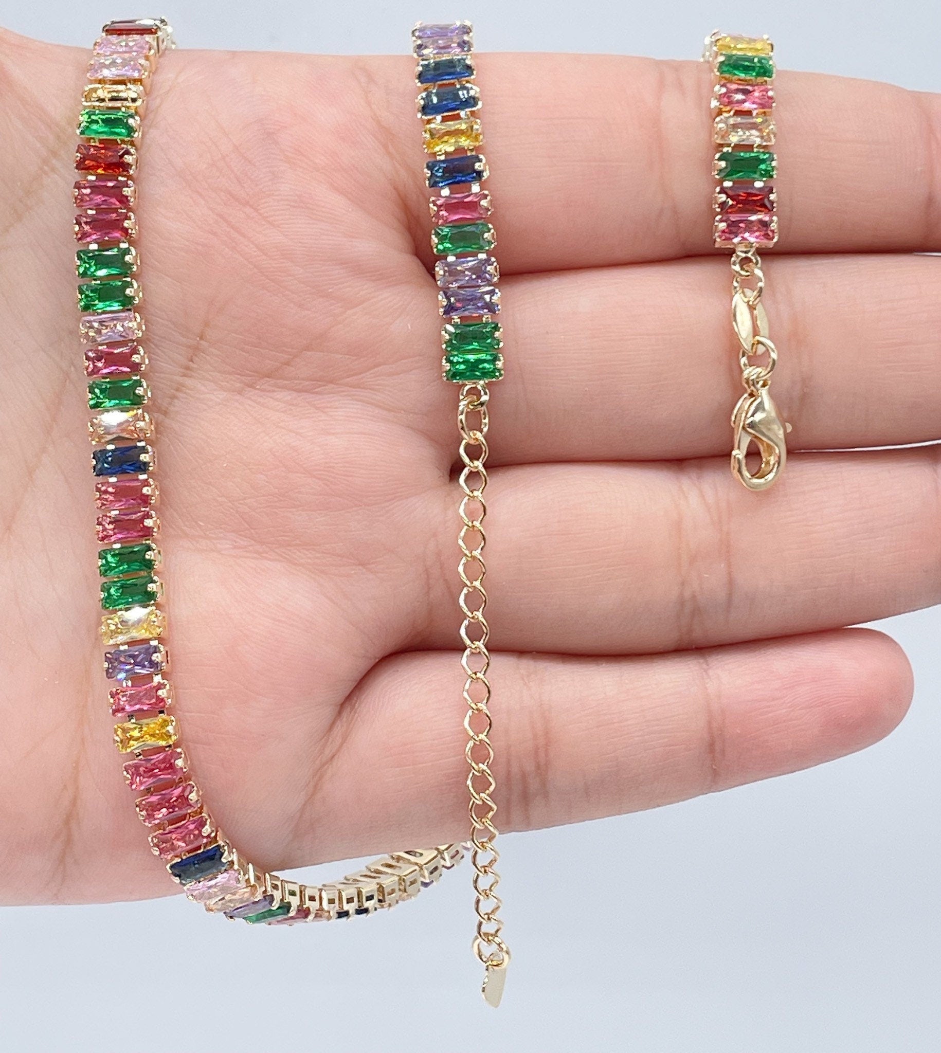 18k Gold Filled Choker Necklace And Bracelet Set With Colorful Baguette Cubic