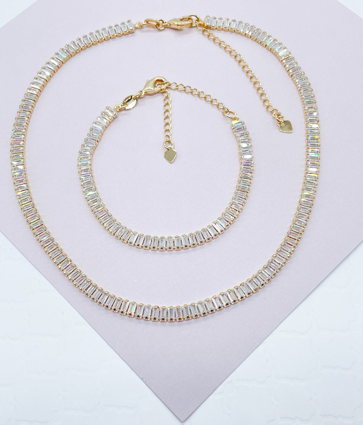 18k Gold Filled Baguette Cubic Zirconia Choker Necklace and Bracelet Set