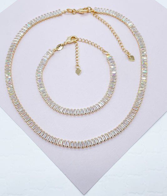 18k Gold Filled Baguette Cubic Zirconia Choker Necklace and Bracelet Set