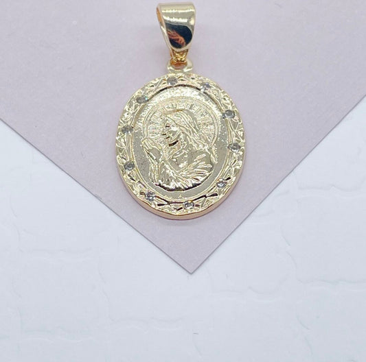 Double sided 18k Gold Filled Jesus Charm And Cross In The Back Featuring Cubic Zirconia Around Pendant