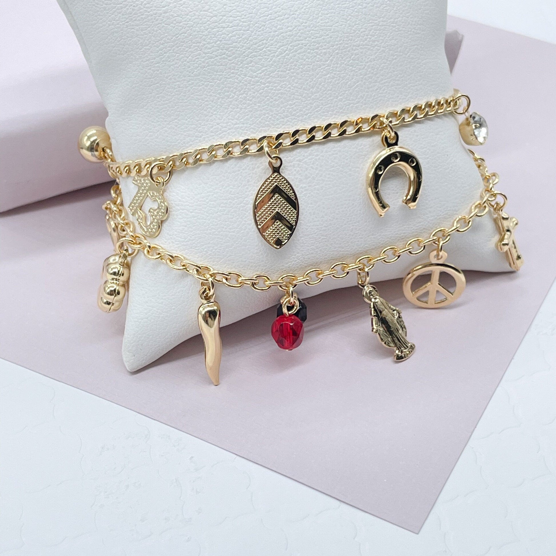 18k Gold Filled Luck Charms Bracelet Protection, Good Luck, Money Prosperity Featuring Evil Eyes, "Figa", Clover, Crystals, Guadalupe