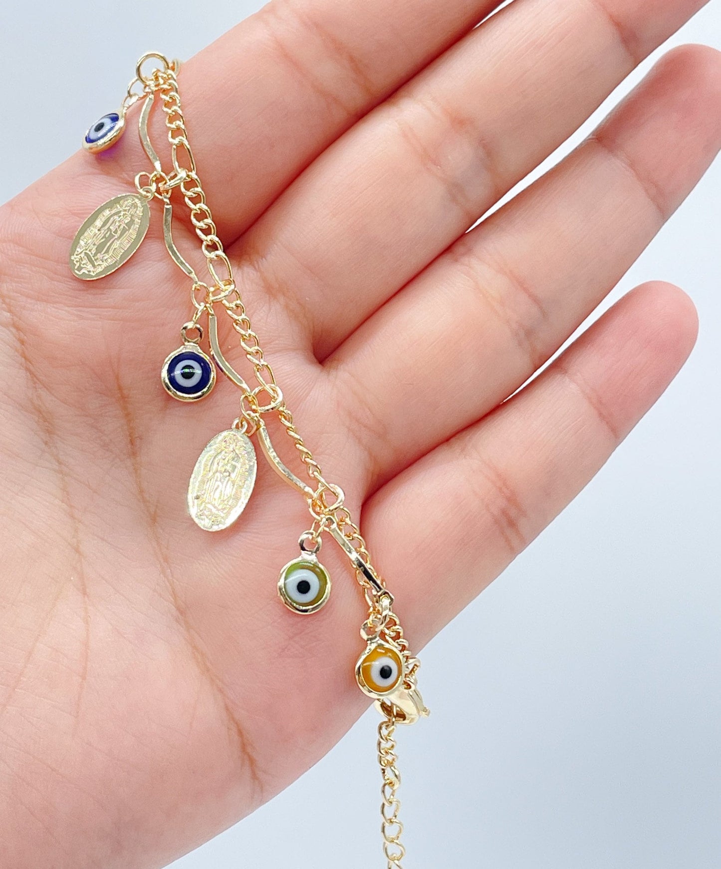 18k Gold Filled Guadalupe and Evil Eye Charm Bracelet, Lady of Guadalupe Pendant