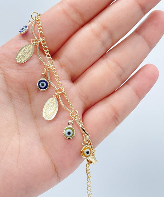 18k Gold Filled Guadalupe and Evil Eye Charm Bracelet, Lady of Guadalupe Pendant