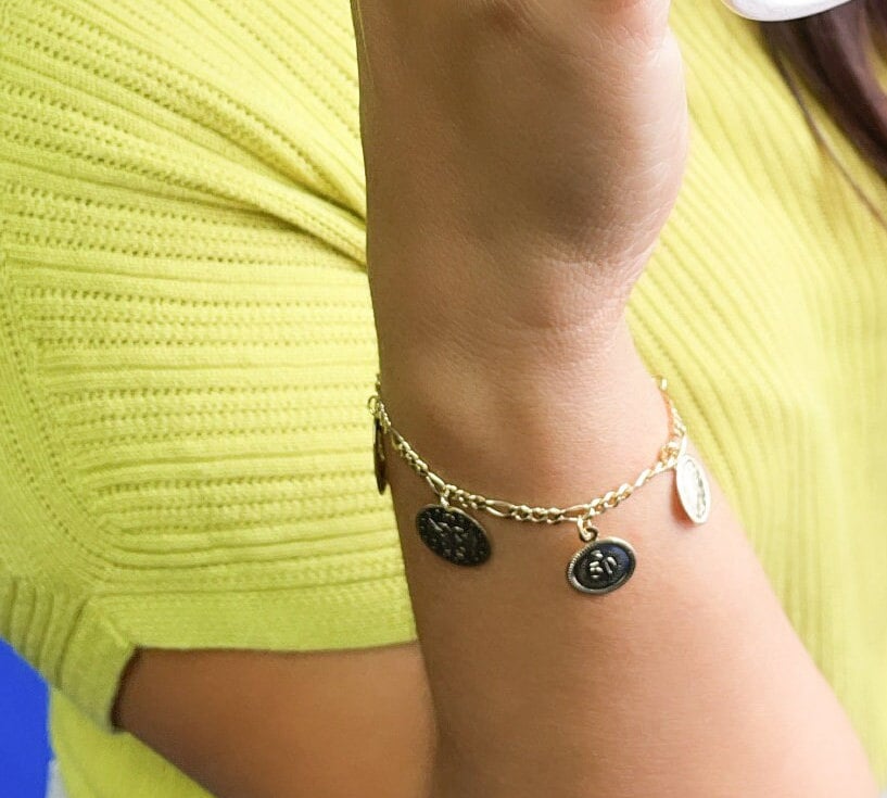 18k Gold Filled Coin Charm Bracelet: Figaro Link Medallion Pendants