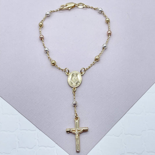 18k Gold Filled Tri Color Rosary Bracelet with Miraculous Coin Medal Lady Of