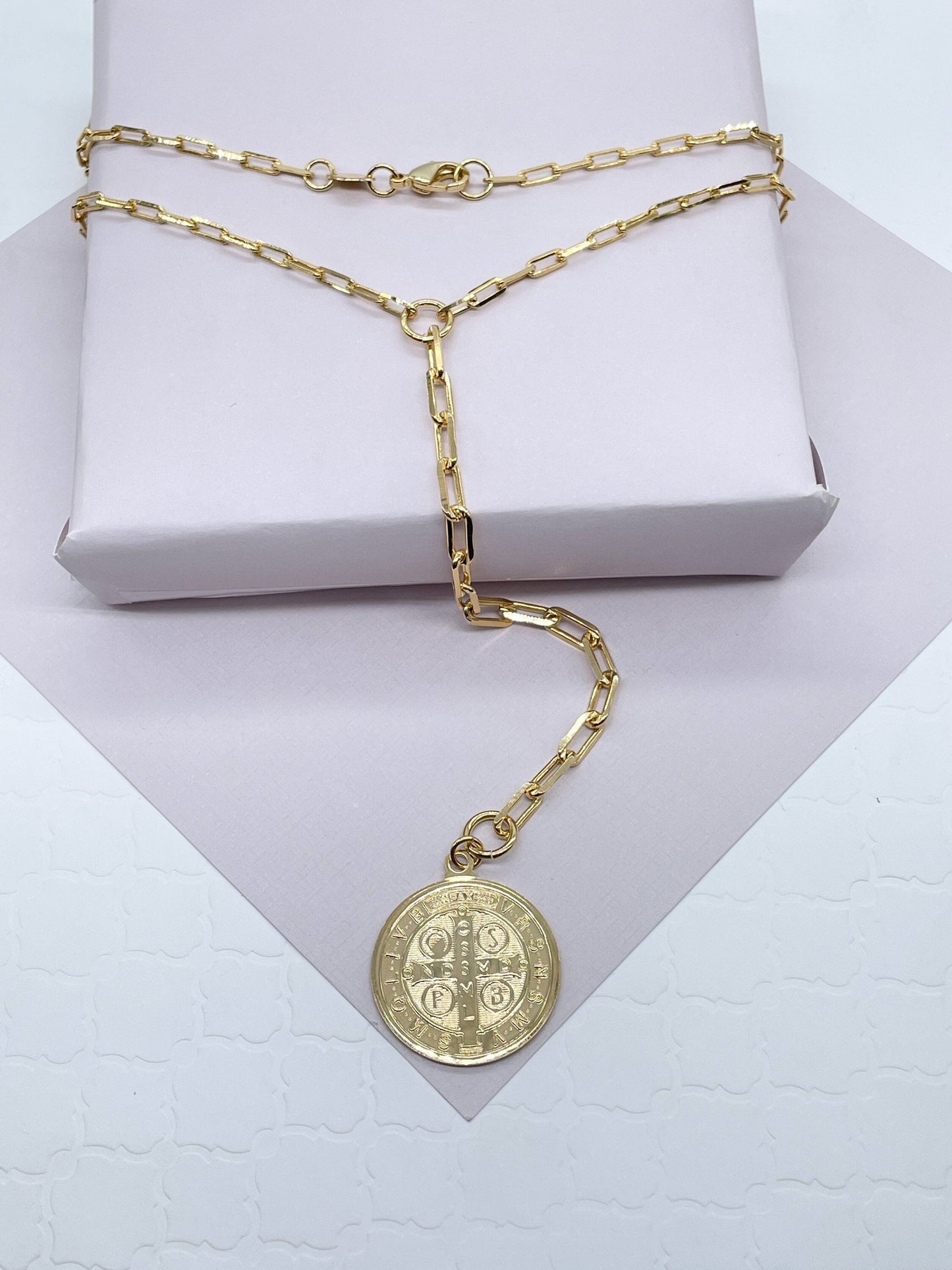 18k Gold Filled Paper Clip Chain Necklace Featuring Large Saint Benedict Pendant, San Benito Medalla Charm In Lariat Necklace