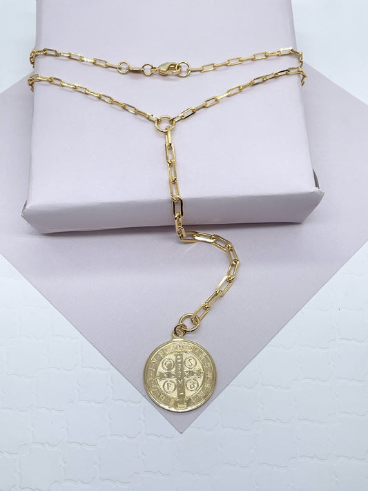 18k Gold Filled Paper Clip Chain Necklace Featuring Large Saint Benedict Pendant, San Benito Medalla Charm In Lariat Necklace