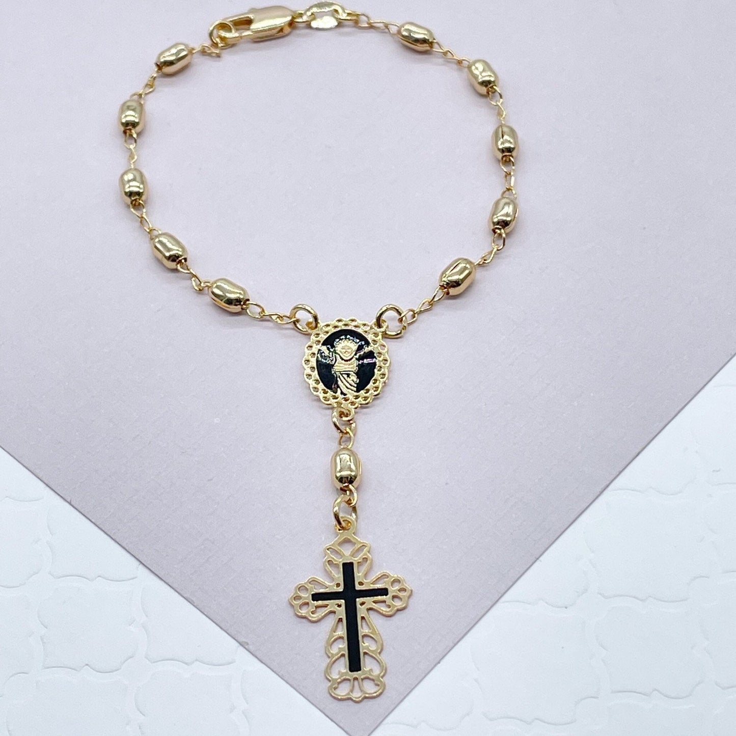 18k Gold Filled Rosary Bracelet with Baby Jesus Coin Medal Pendant And Black Enamel Cross