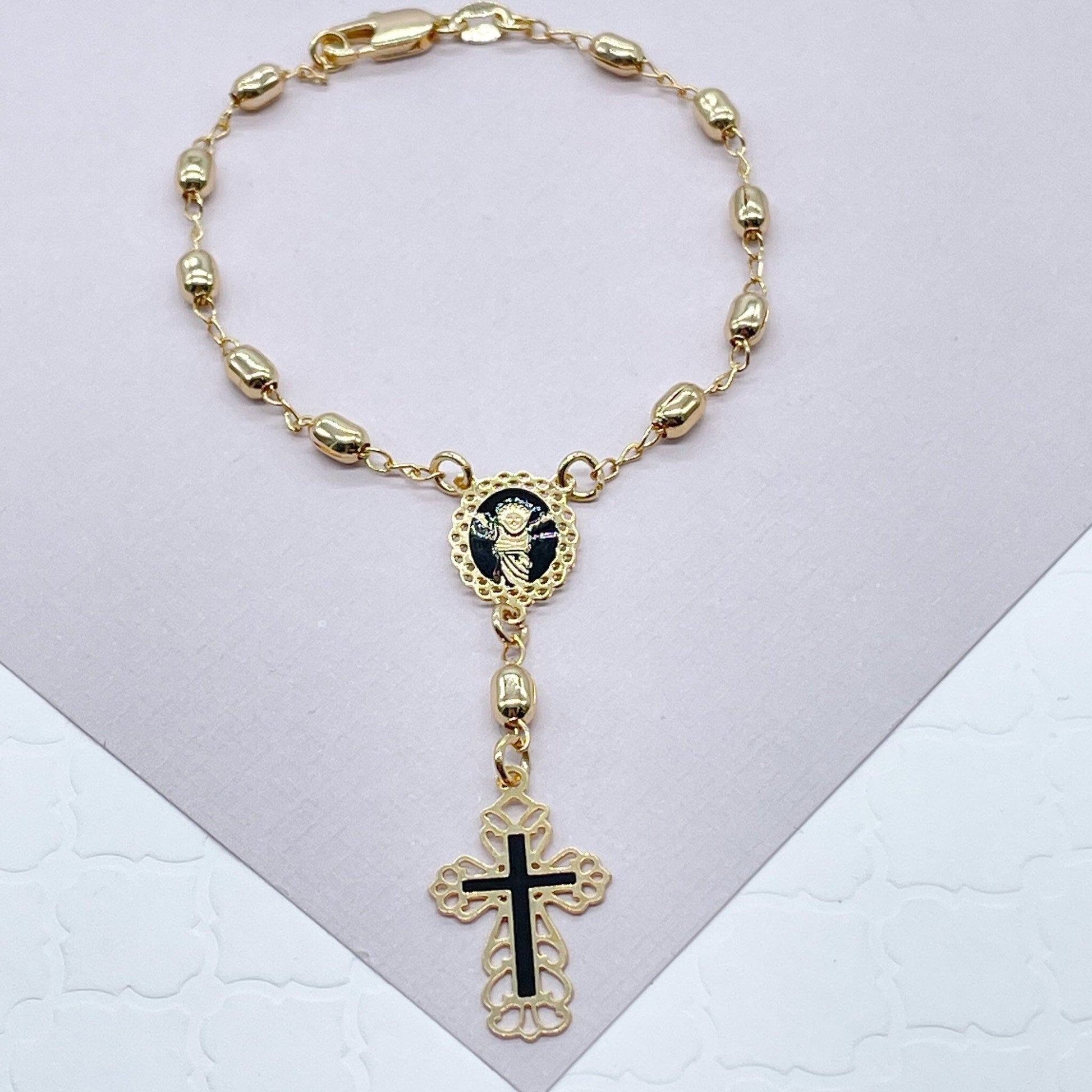 18k Gold Filled Rosary Bracelet with Baby Jesus Coin Medal Pendant And Black Enamel Cross