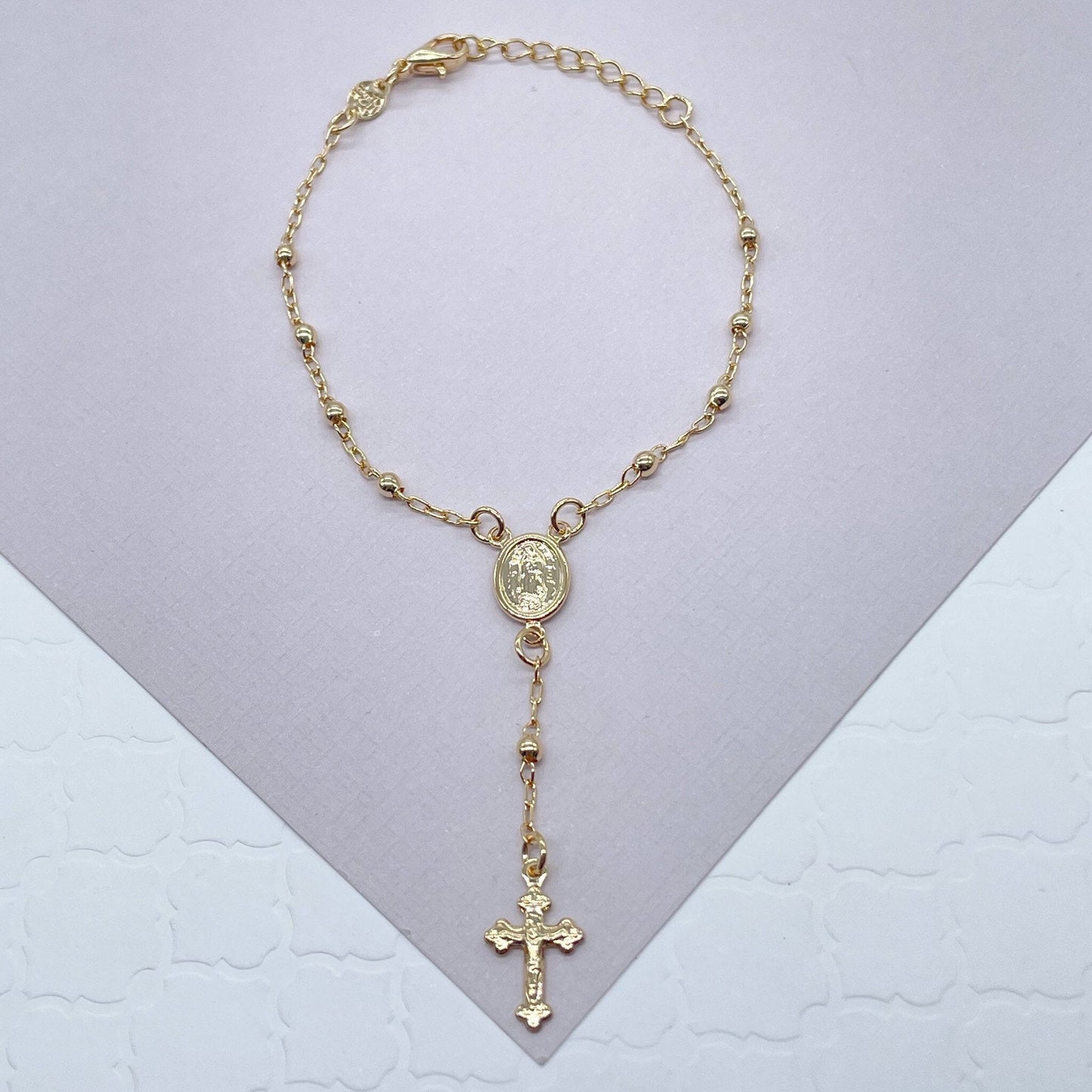 18k Gold Layered Dainty Rosary Bracelet Our Lady of Guadalupe With Victorian