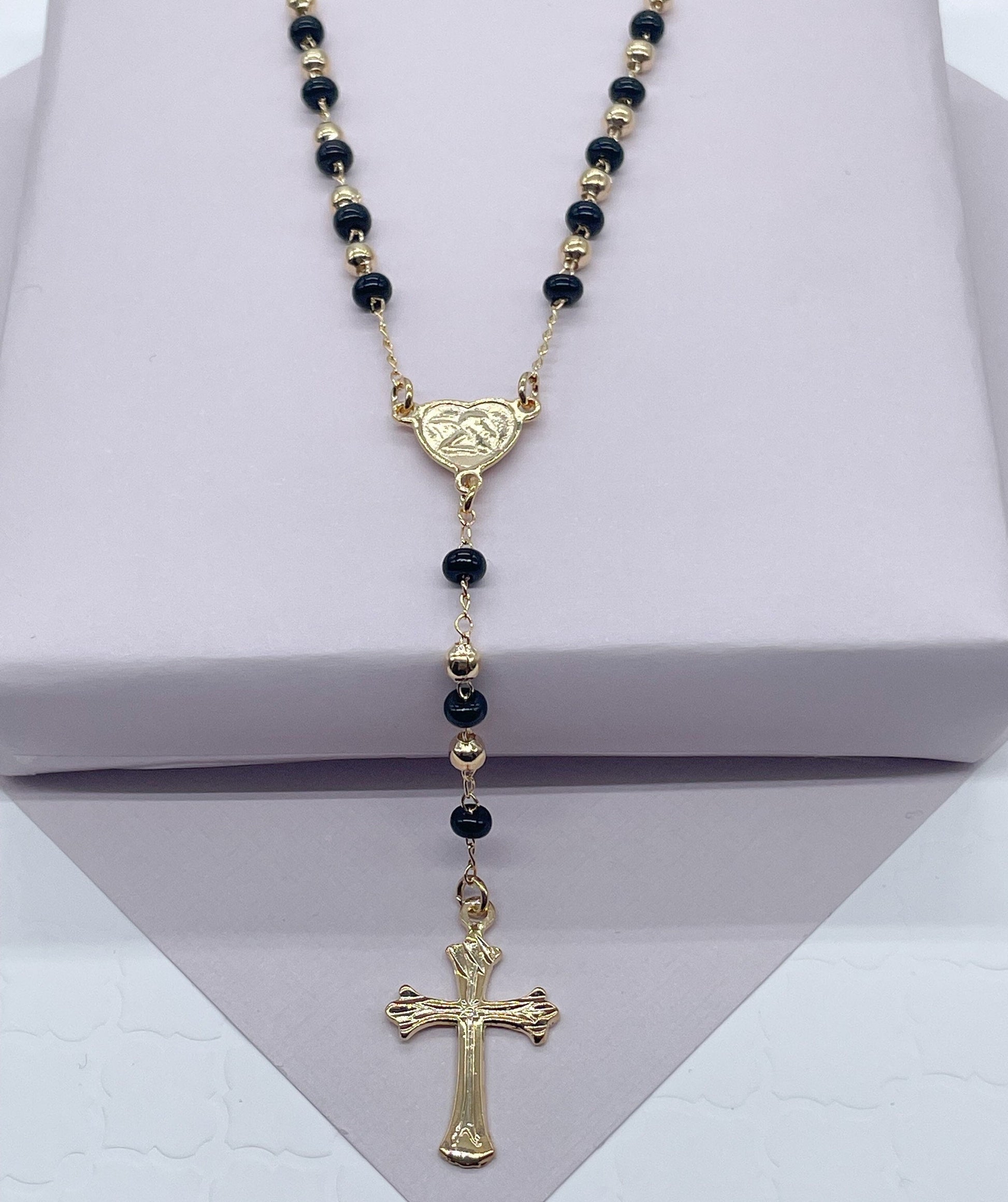 18k Gold Filled Black Beaded Fashion Rosary with Angel and Cross, Trendy Religious Rosary