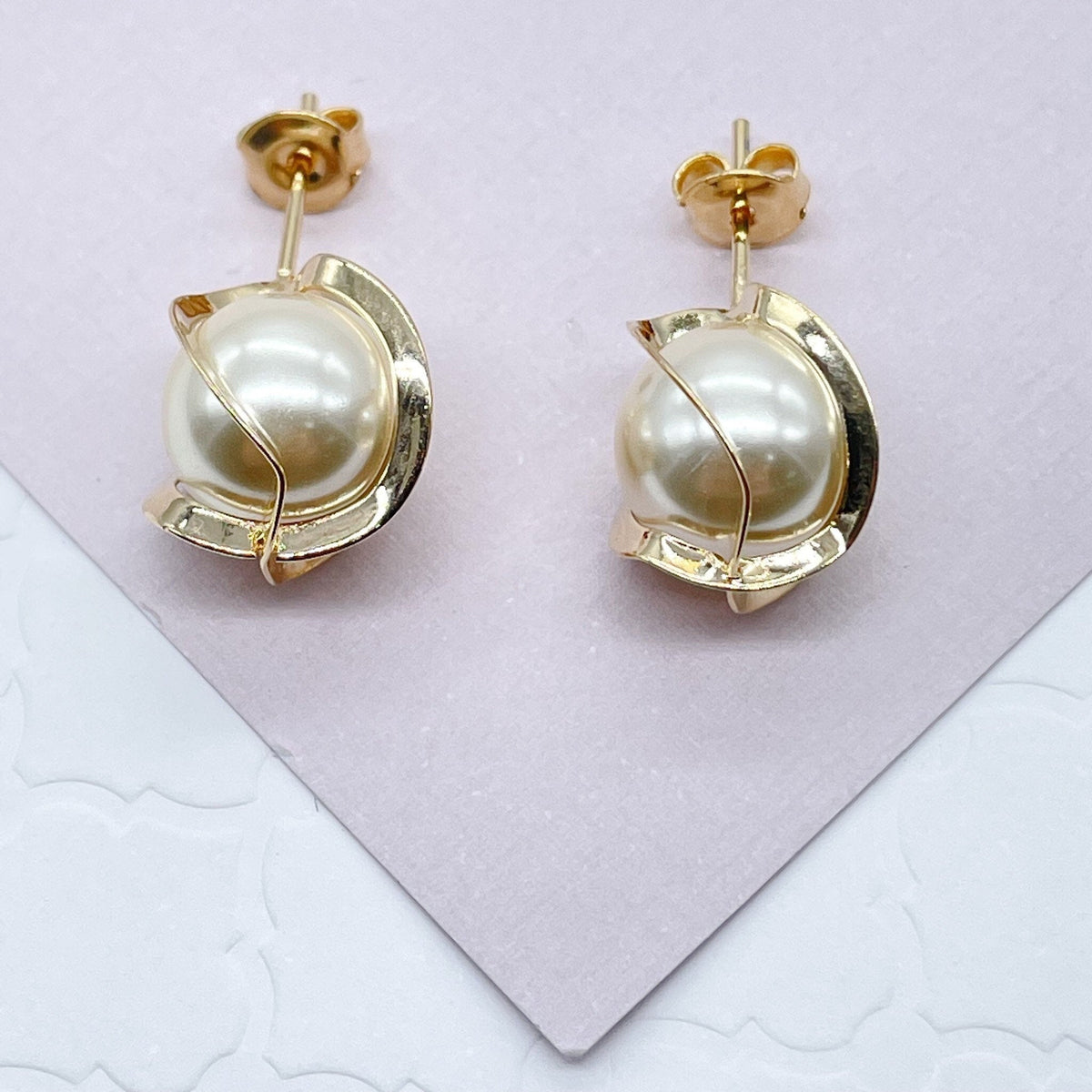 18k Gold Filled Pearl Stud Earrings: Wrapped in Gold Thread