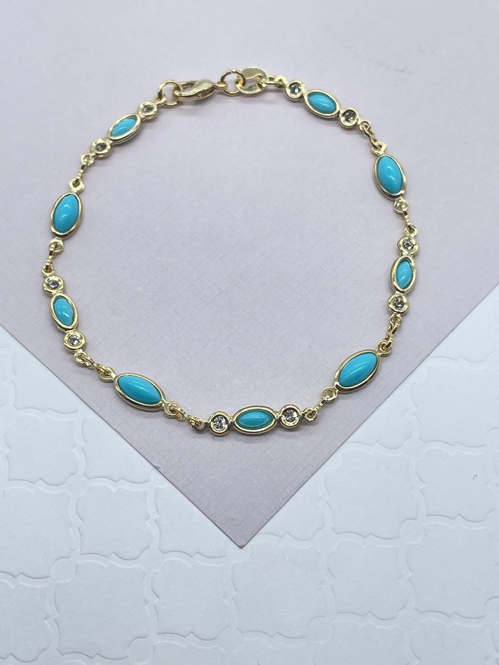 18k Gold Filled Jewelry Set With Cubic Zirconia and Simulated Turquoise Blue