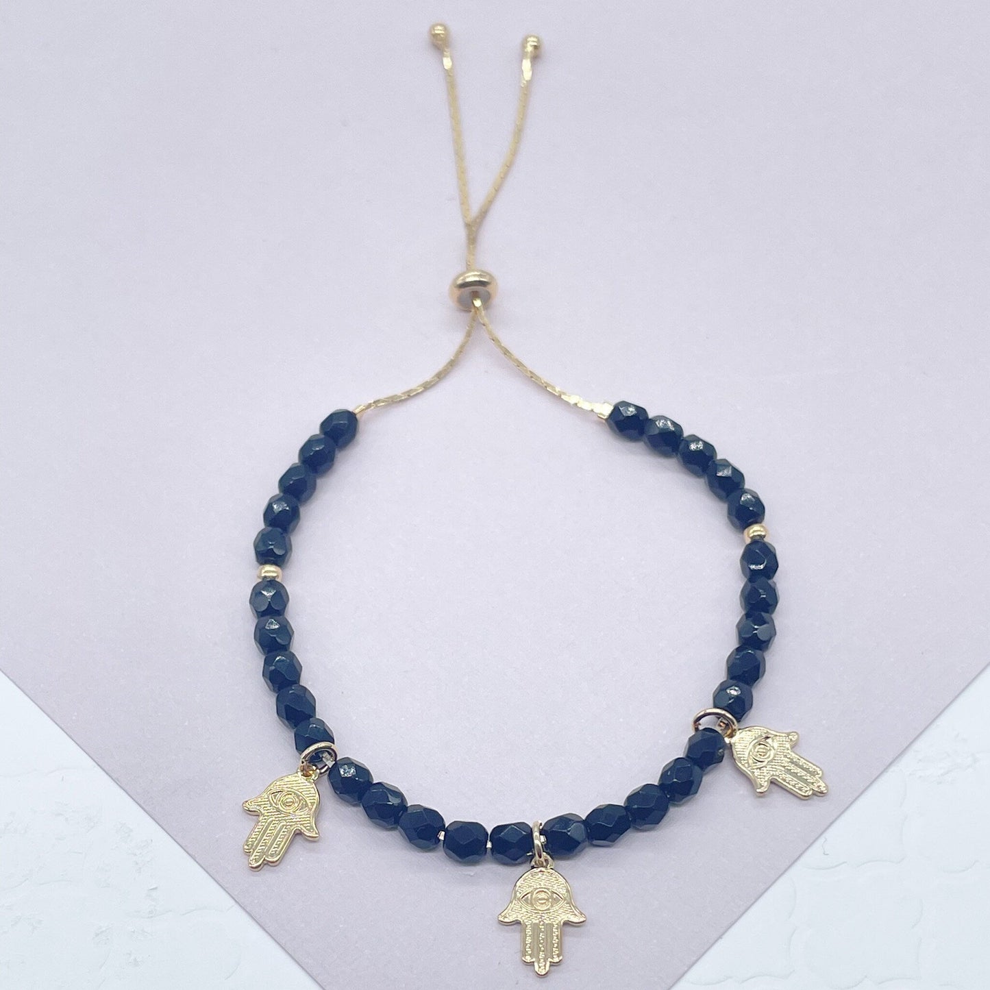 Slide Clasp 18k Gold Filled Colorful Beaded And Hamsa Charm Bracelet, Protection Adjustable Dainty Bracelet