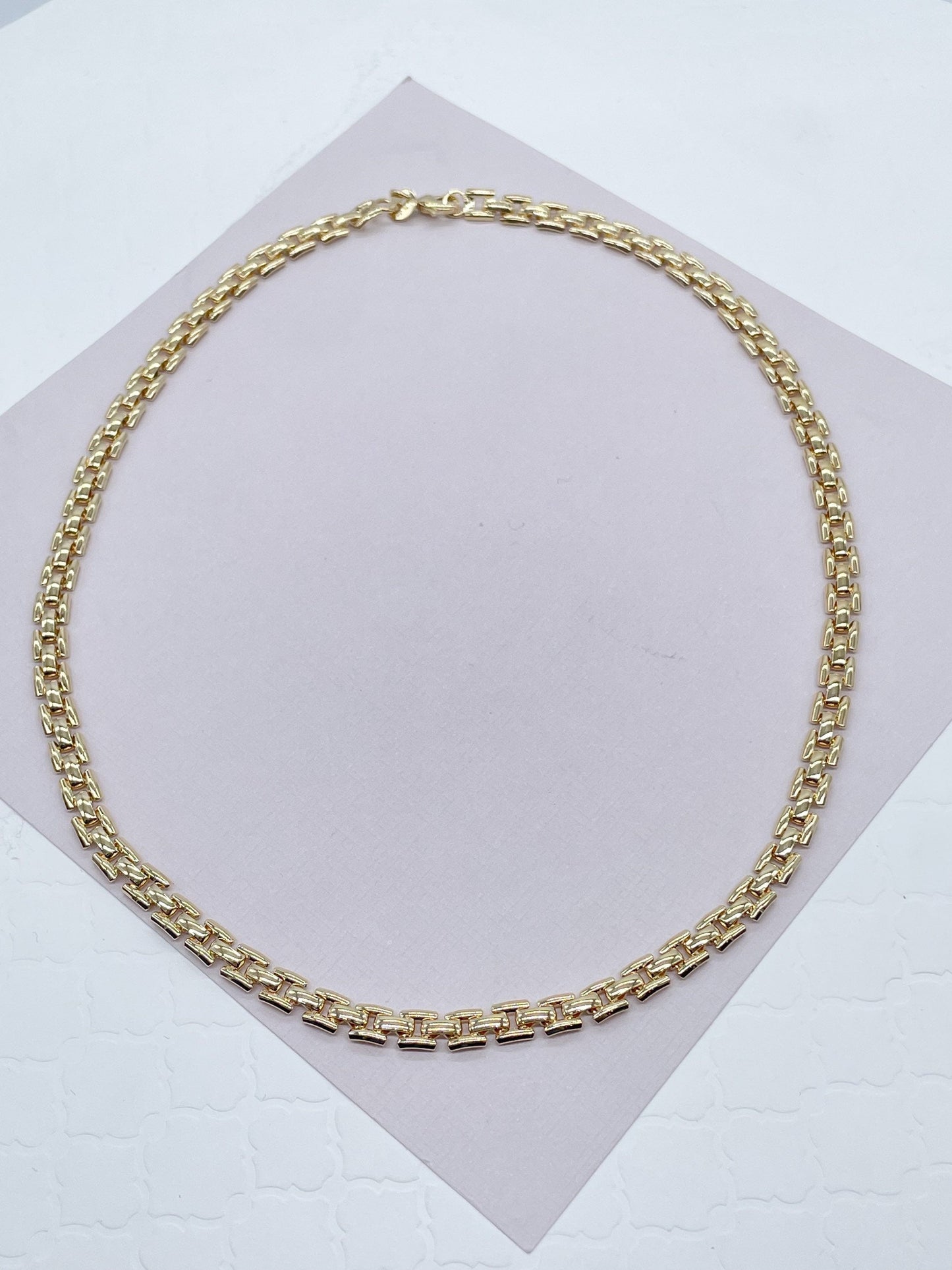 Thick Vintage Style 18k Gold Filled Flat Three Pattern Layered Chain Necklace