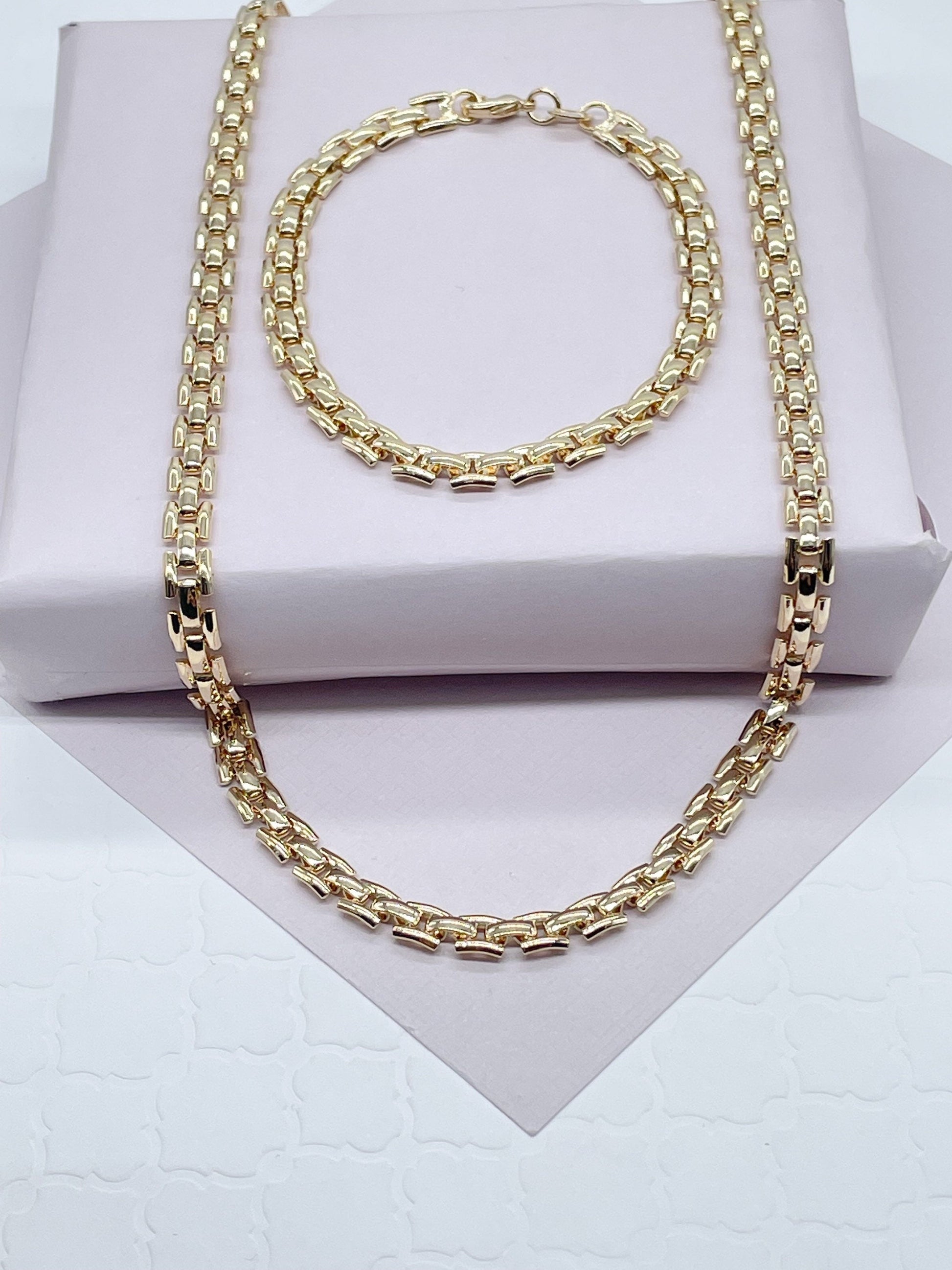 Thick Vintage Style 18k Gold Filled Flat Three Pattern Layered Chain Necklace & Bracelet