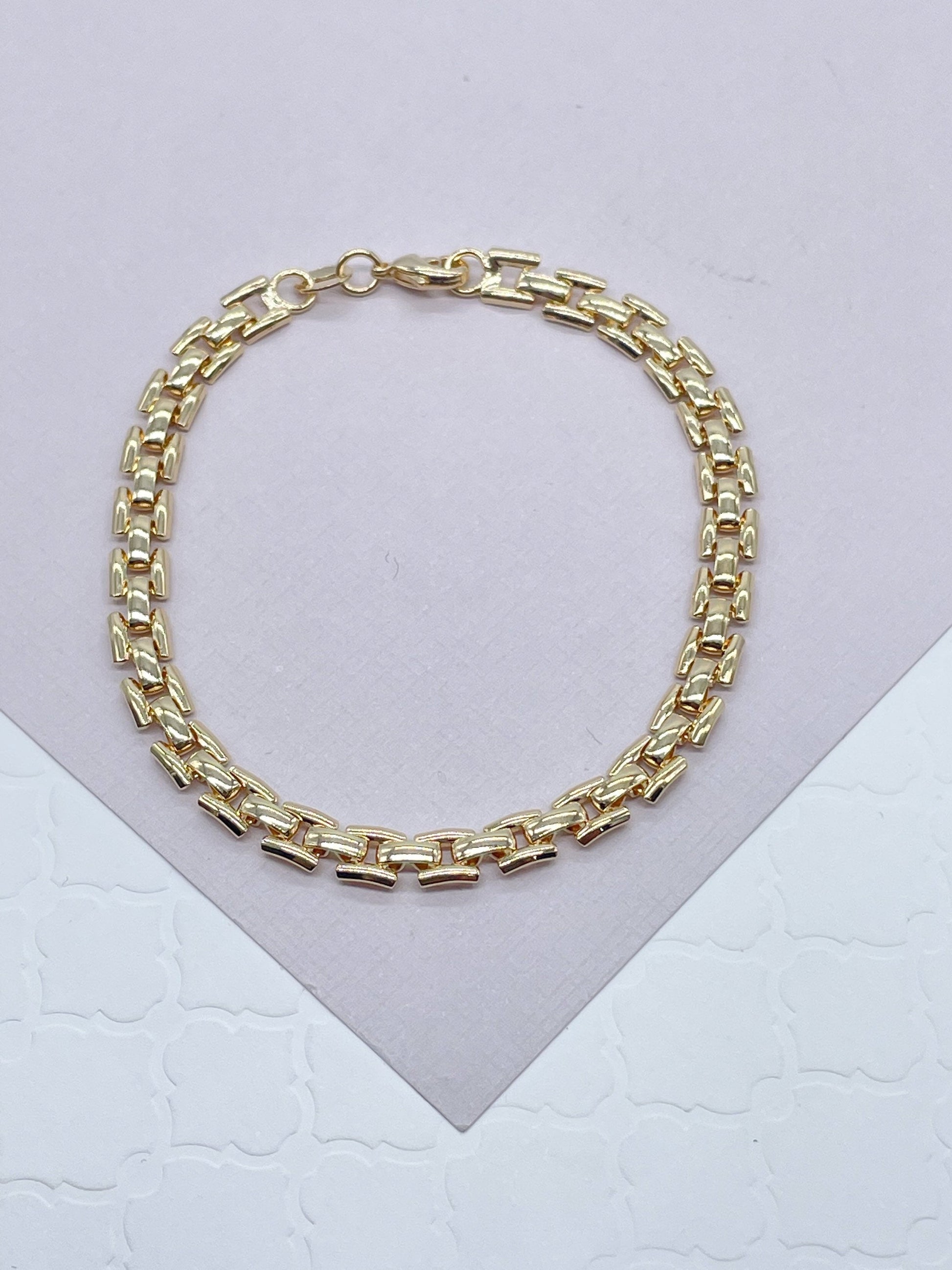 Thick Vintage Style 18k Gold Filled Flat Three Pattern Layered Chain Necklace