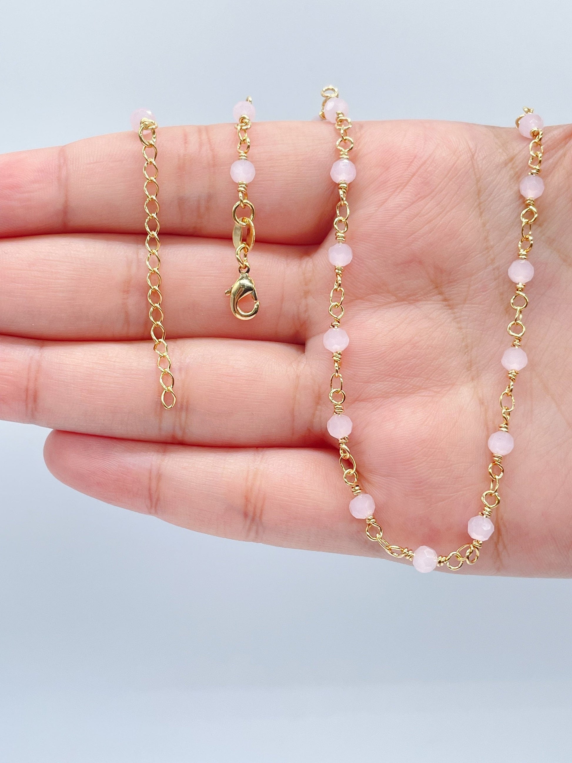 18k Gold Filled Baby Pink Bead Bracelet Necklace Or Jewelry Set, Delicate Beaded