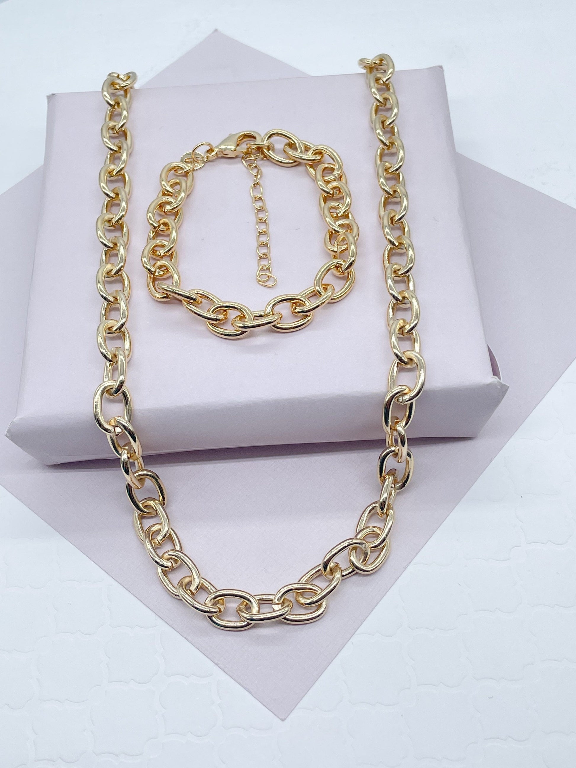 18k Gold Filled Chunky "but Light" Link Necklace Bracelet Set With Extenders, Gift Her Jewelry