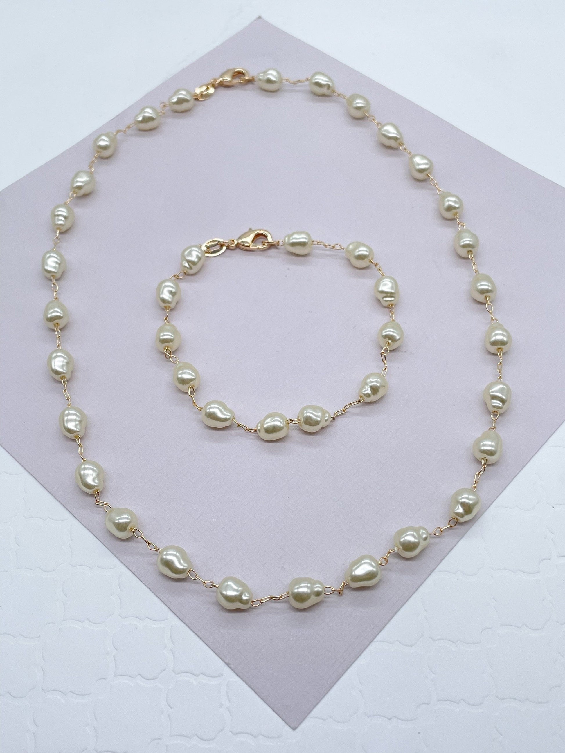 Elegant 18k Gold Filled Simulated Pearl Jewelry Set, Cream Pearl Bracelet