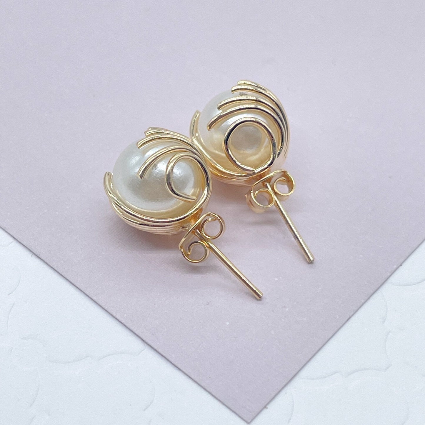 18k Gold Filled Pearl Stud Earrings Wrapped In Gold Thread, Grabbed By Wires