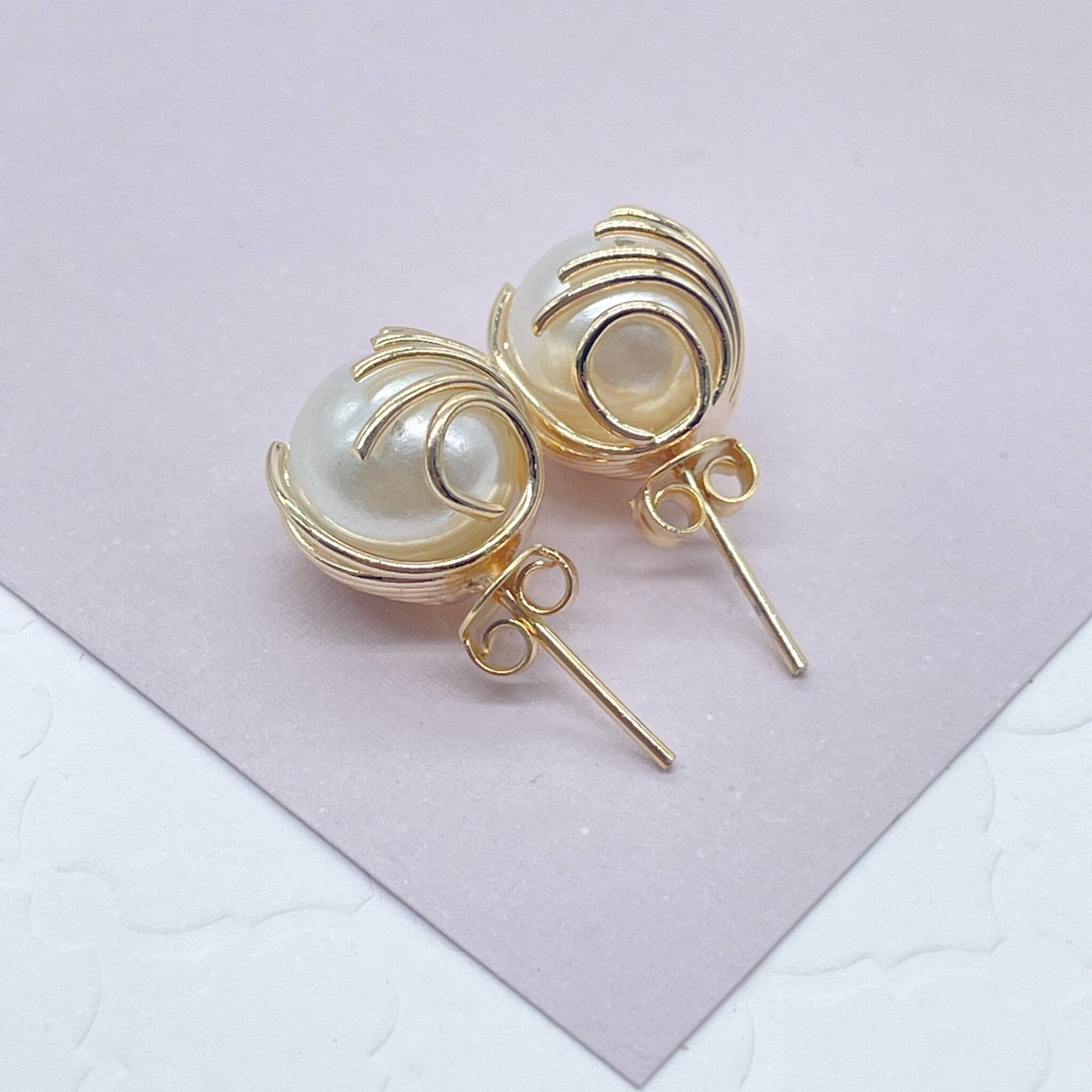 18k Gold Filled Pearl Stud Earrings Wrapped In Gold Thread, Grabbed By Wires