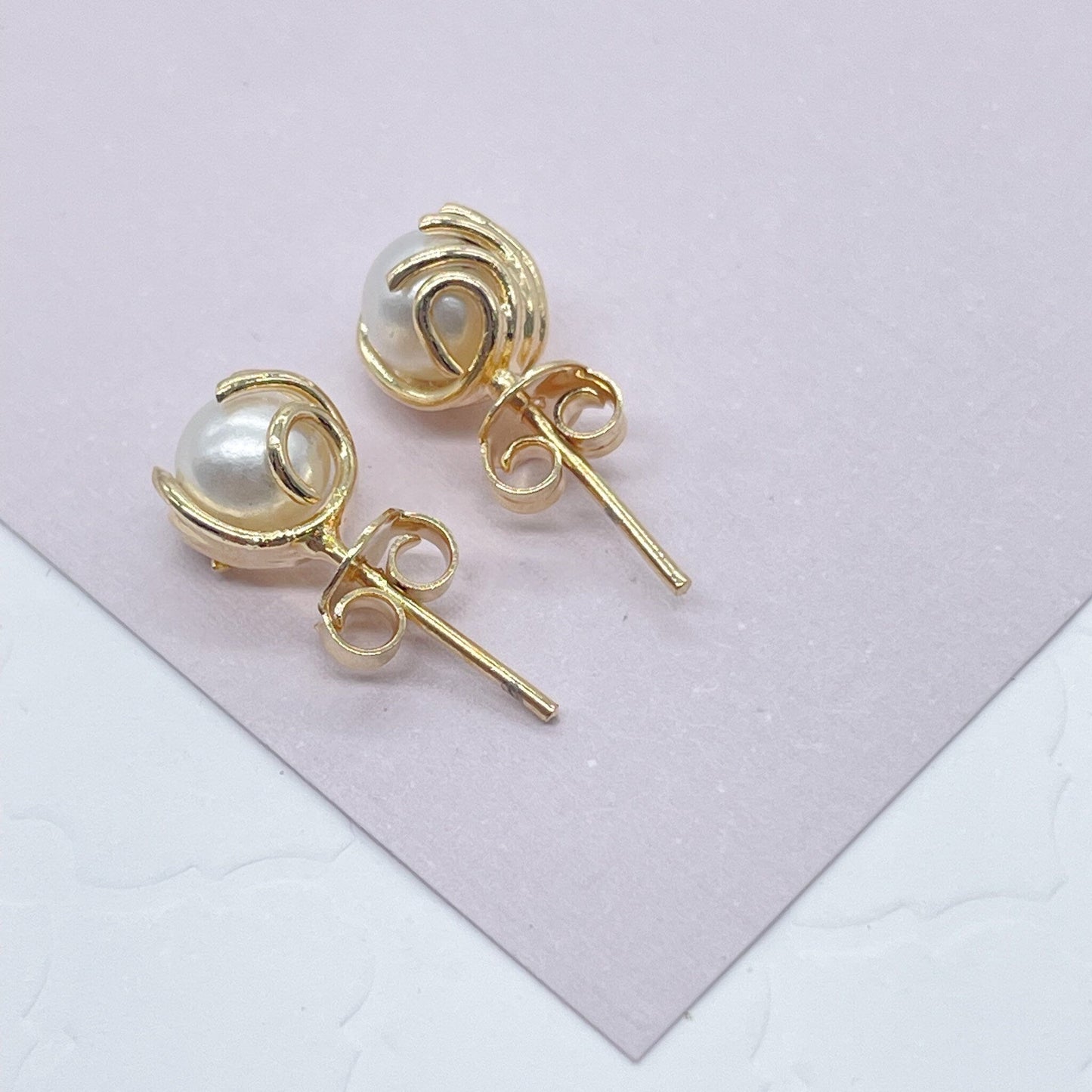 18k Gold Filled Pearl Stud Earrings Wrapped In Gold Thread, Grabbed By Wires