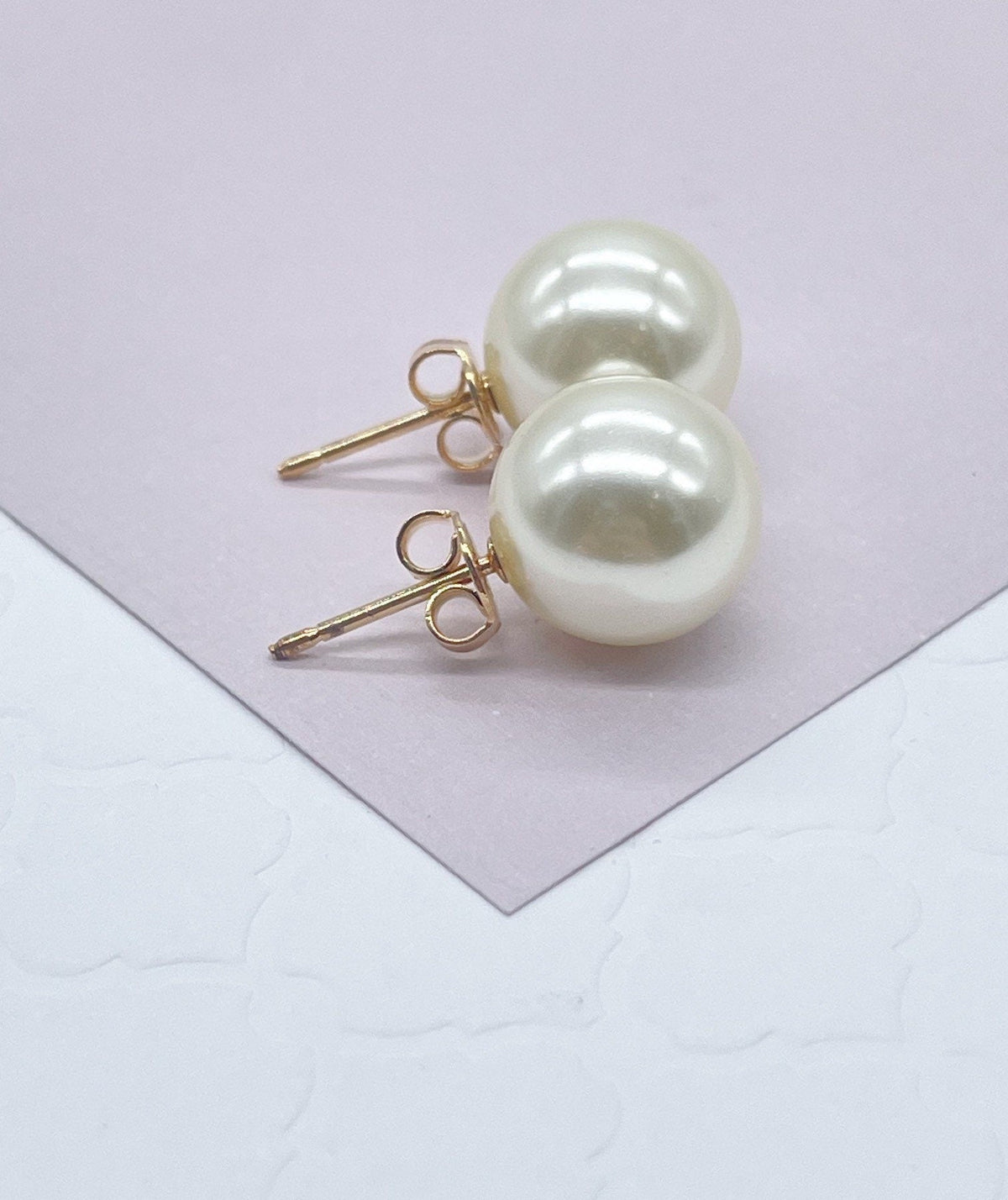 18k Gold Filled Simulated Pearl Stud Earrings (8mm, 10mm, 12mm)