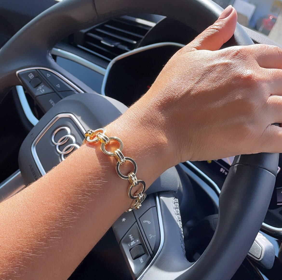 Chunky 18K Gold Filled 15mm Designed Plain Circle Link Bracelet Hypoallergenic