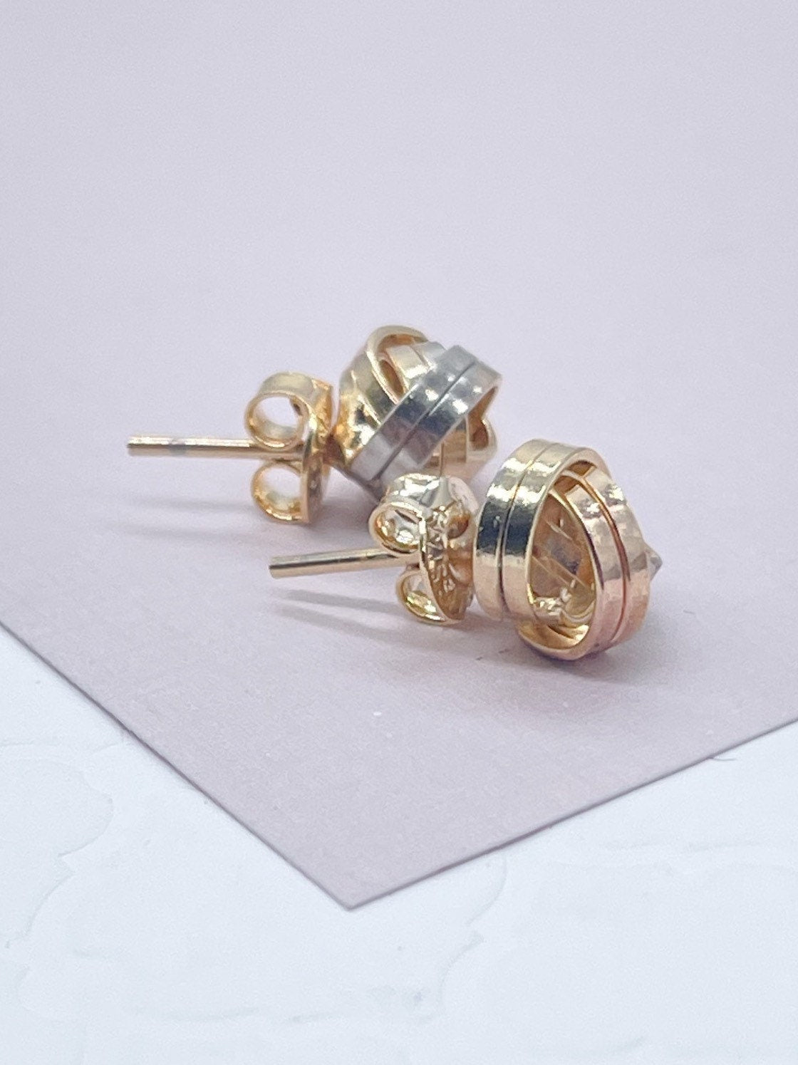 18k Gold Filled Tri Color Love Knot Stud Earrings Sizes Small, Medium And