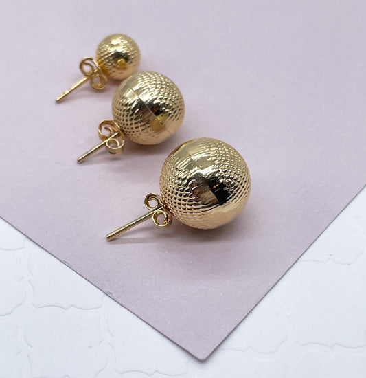 18k Gold Filled Ball Stud Earrings: Diamond-Cut Cross Pattern