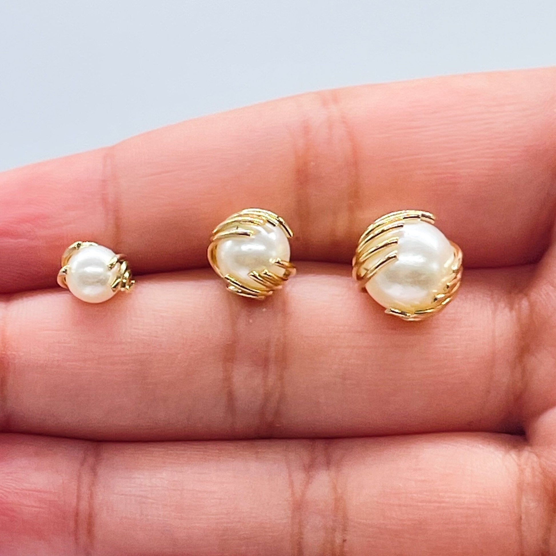 18k Gold Filled Pearl Stud Earrings Wrapped In Gold Thread, Grabbed By Wires