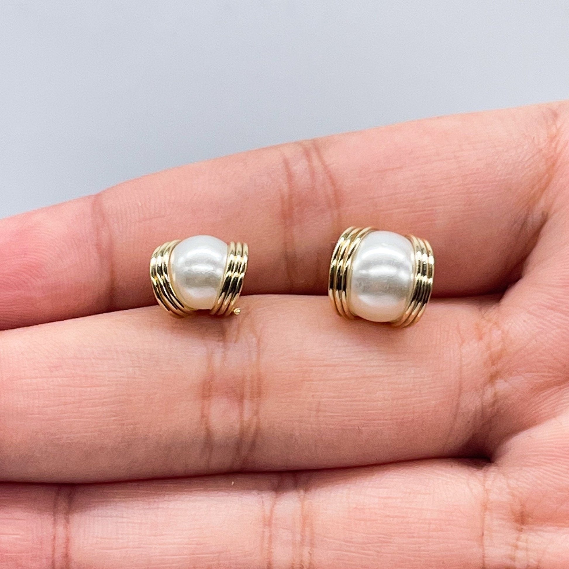 18k Gold Filled Pearl Stud Side Wrapped By Gold Wire Hoop Detail, Small And Medium Size Available,