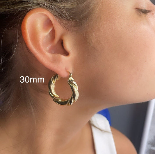 18k Gold Filled Twisted Hoop Earrings: Matte & Plain Tube, 6mm Thick
