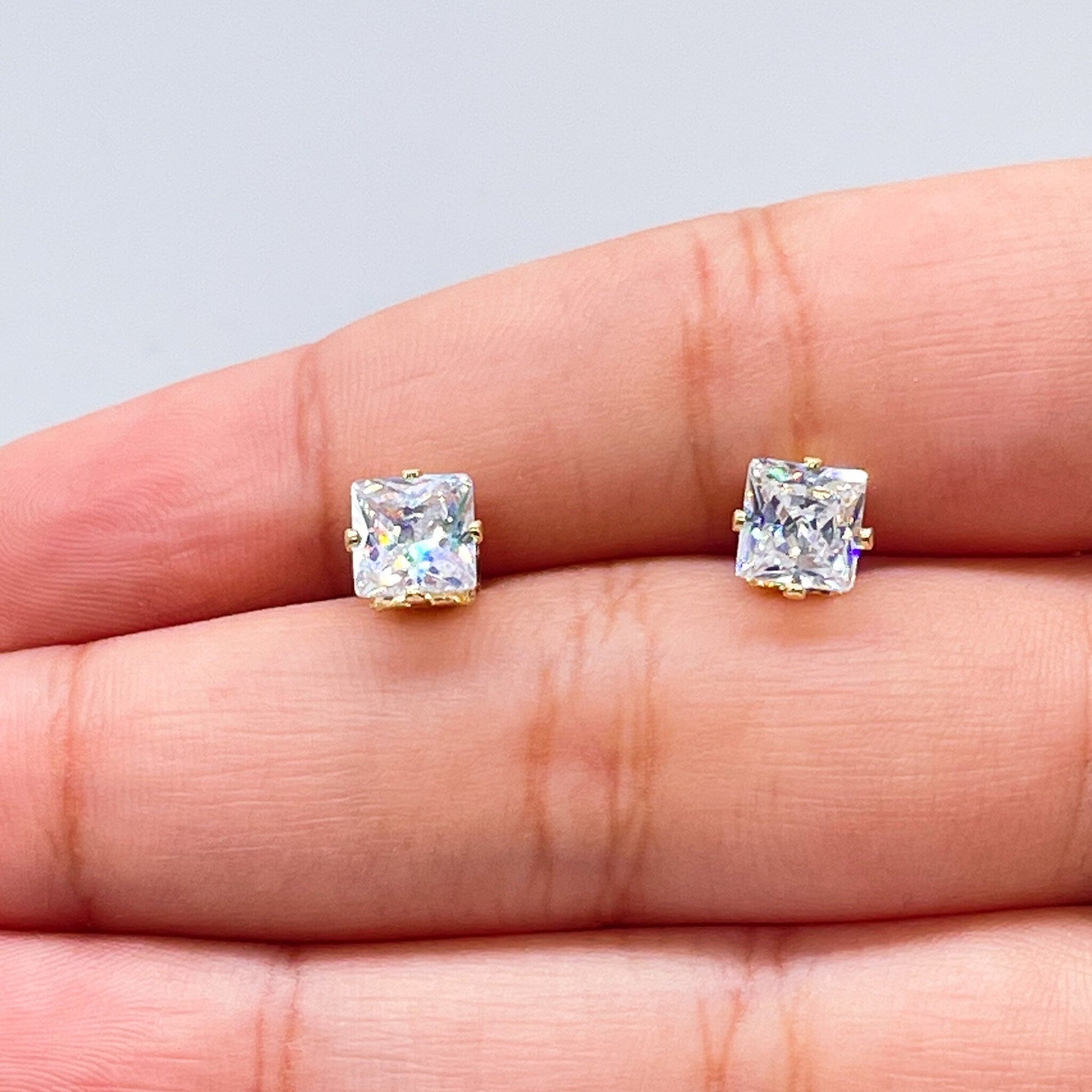 18k Gold Filled 6mm Cubic Zirconia Square Stud Earrings, Princess Cut Square Studs,