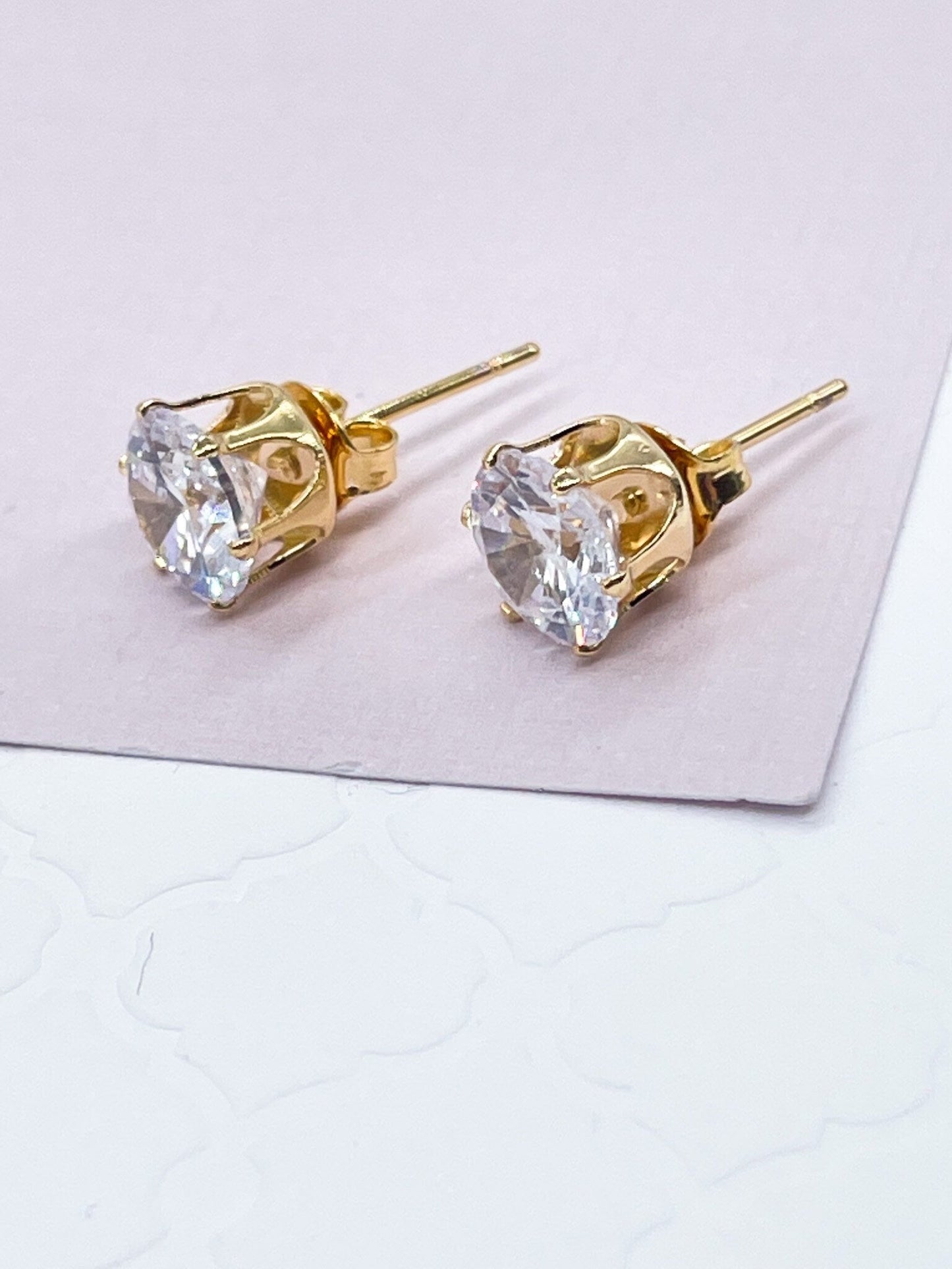 18k Gold Filled 8mm Cubic Zirconia Round Stud Earrings Crown Settings