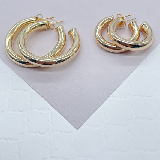 Thick 18k Gold Filled Plain 5mm Chunky 3/4 Hoop Earrings Push Back Closing For