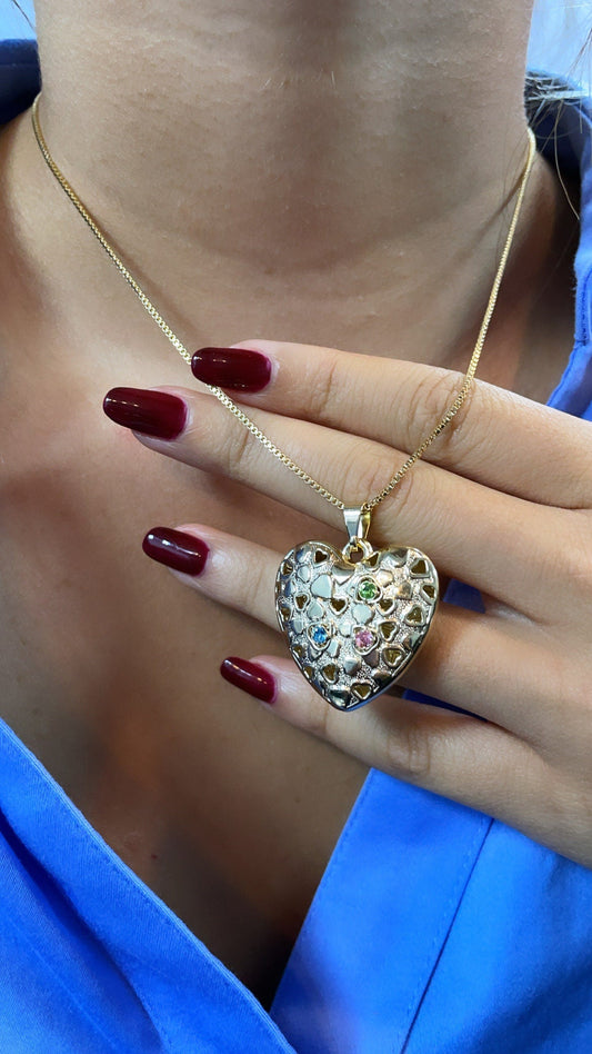 Double Sided 18k Gold Filled Puffy Heart Pendant Charm Featuring Multicolor CZ In One Side And Clear CZ In Another Side Jewelry