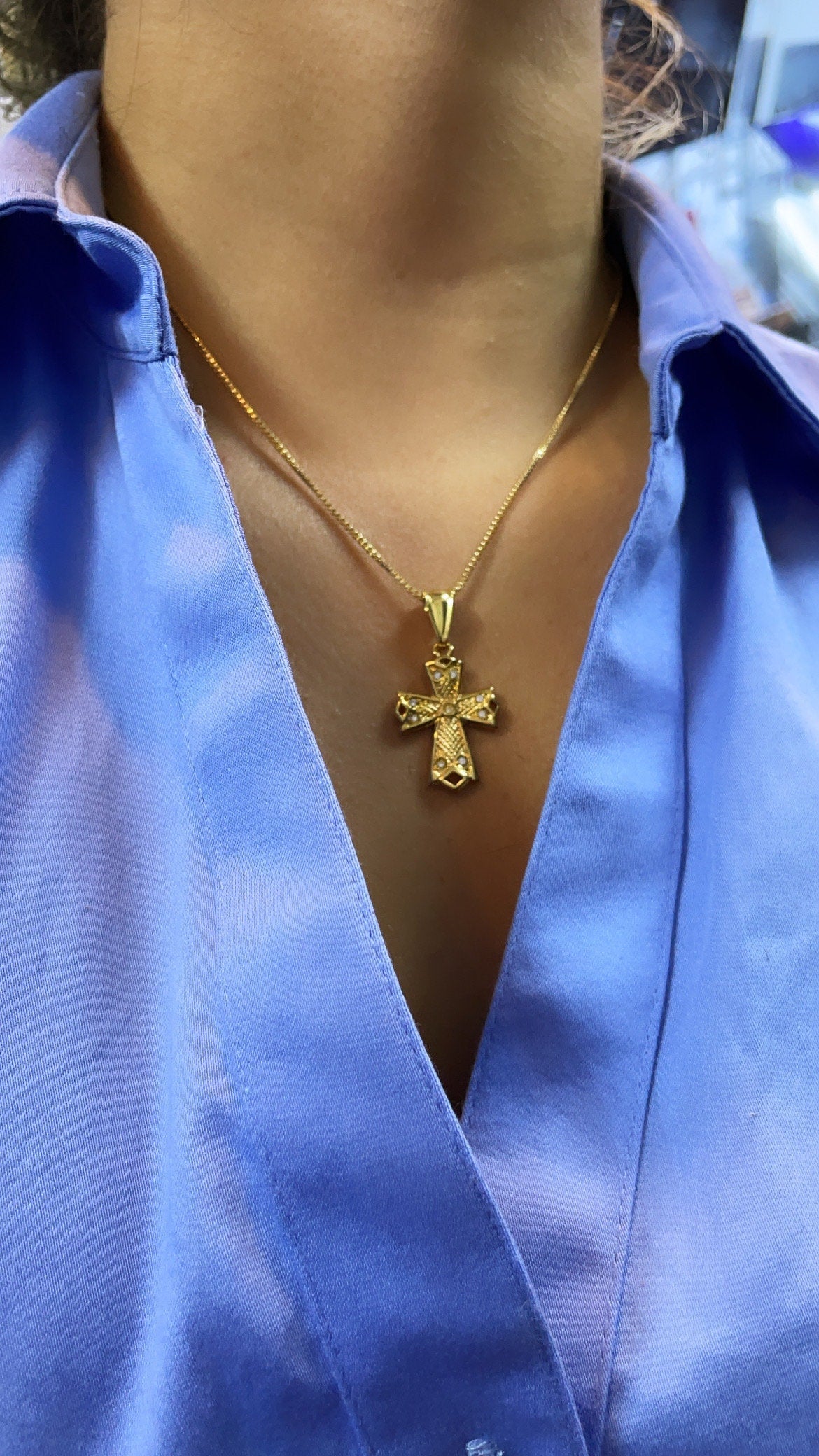 18k Gold Filled 1” Length Cross Pendant Charm with Cubic Zirconia, Religious