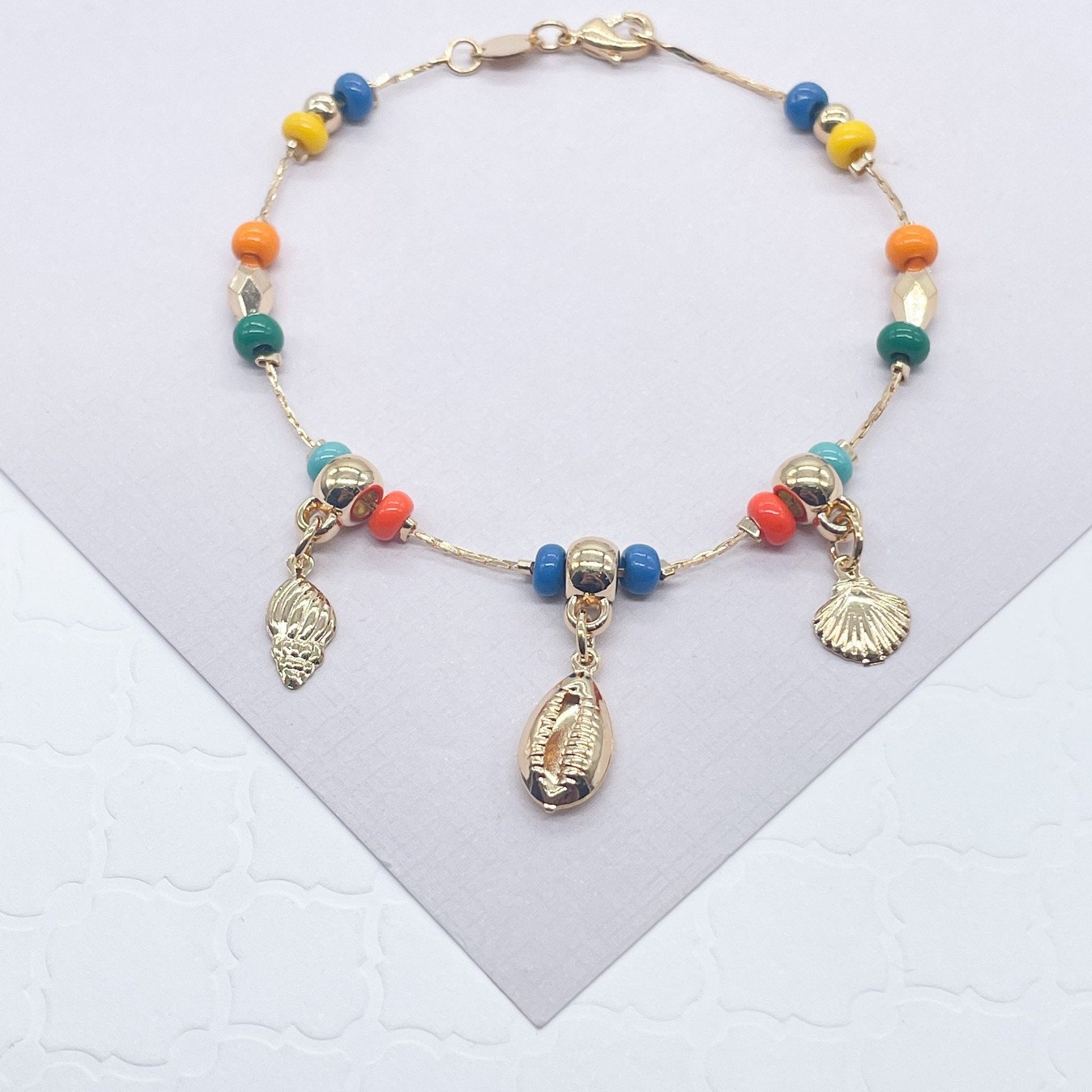 18k Gold Filled Colorful Bead Bracelet Featuring Ocean Cowrie Shell Charms, Sea Shell, Protection Jewelry, Marine Inspired Jewelry