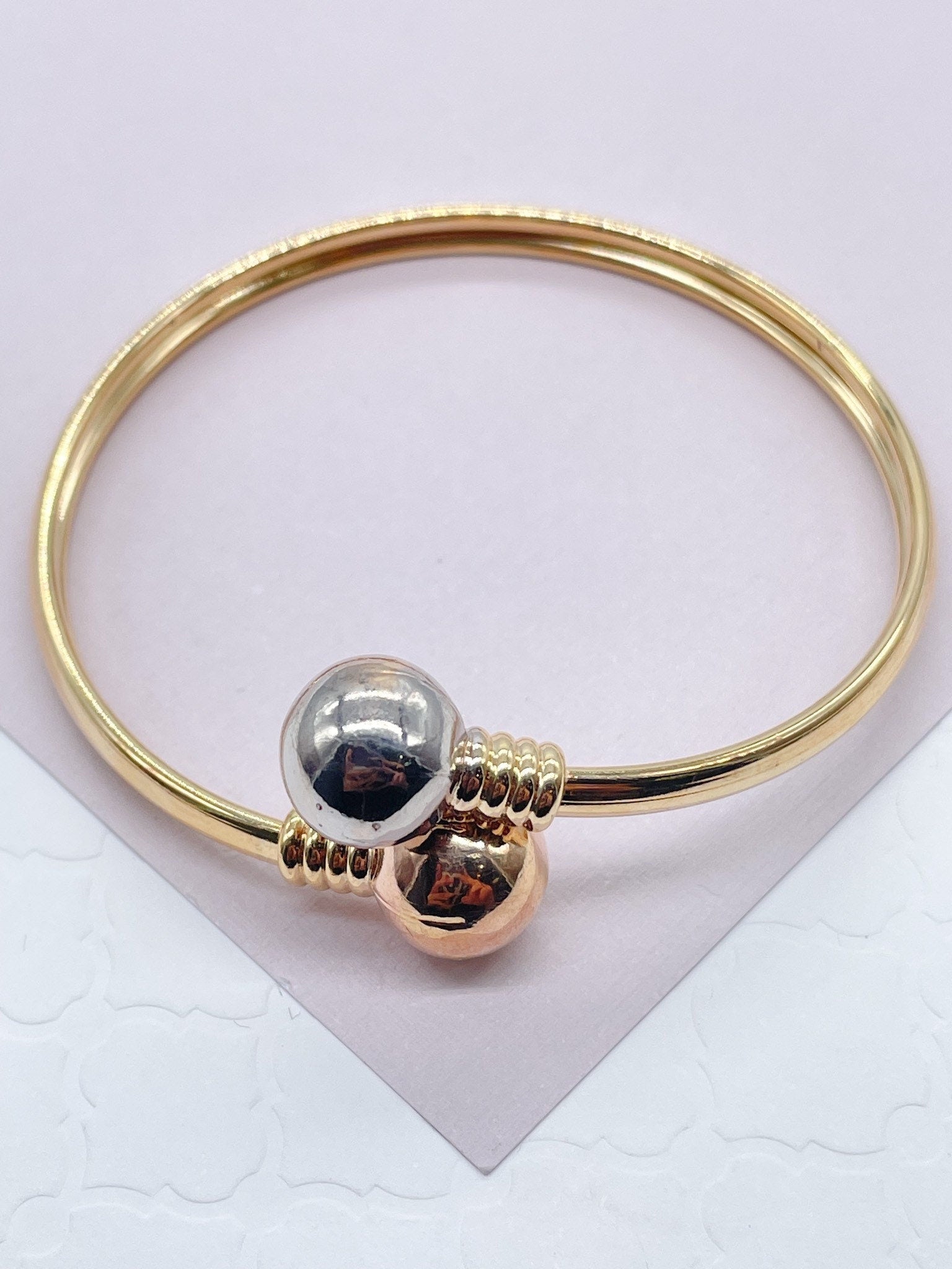 18k Gold Filled Two Ball Plain Tricolor Bangle Bracelet Jewelry